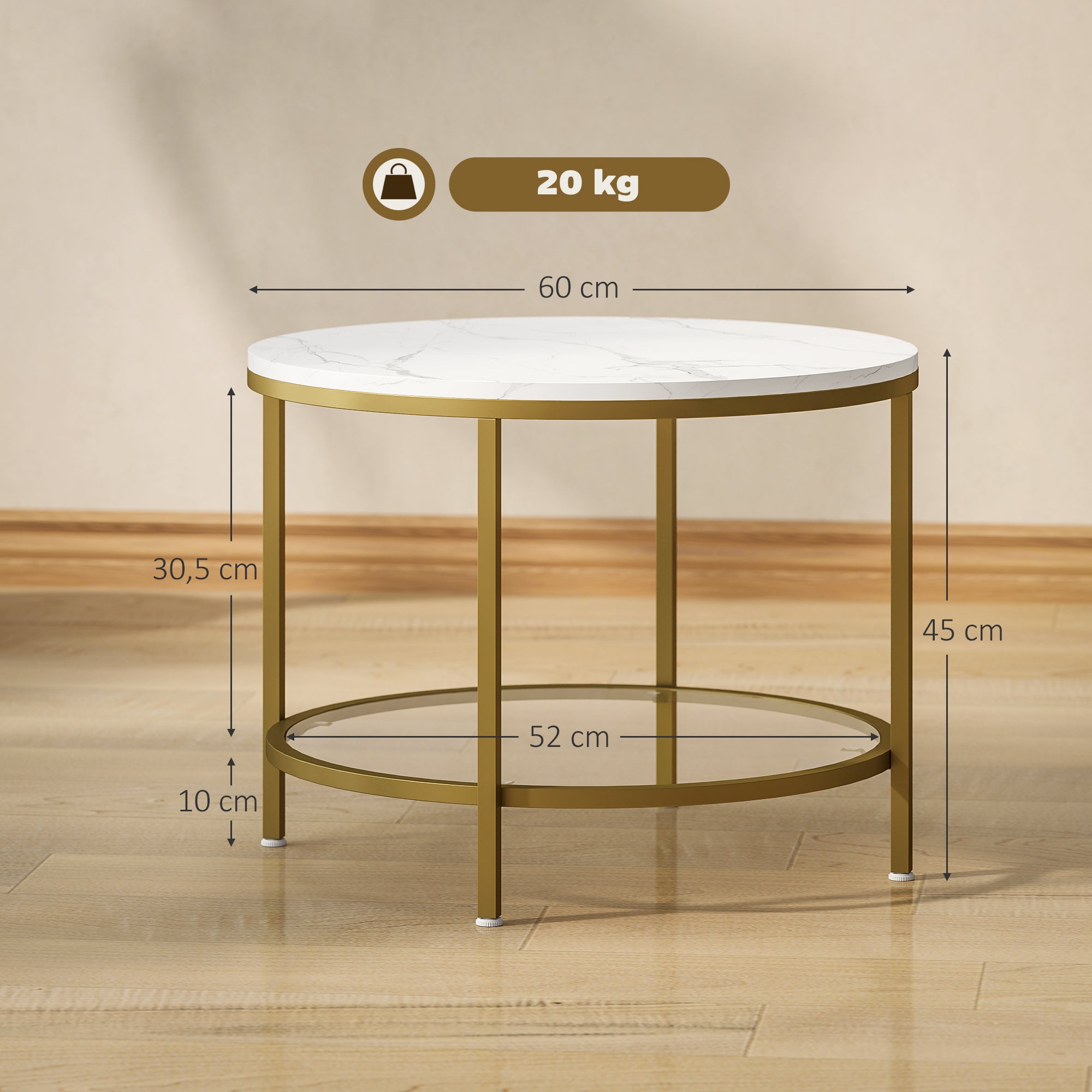 Round Living Room Coffee Table, Modern 2-Tier Side Table with Marble Effect Top and Tempered Glass Shelf, End Table for Living Room, Bedroom, Ø 60 x 45 cm, White and Gold