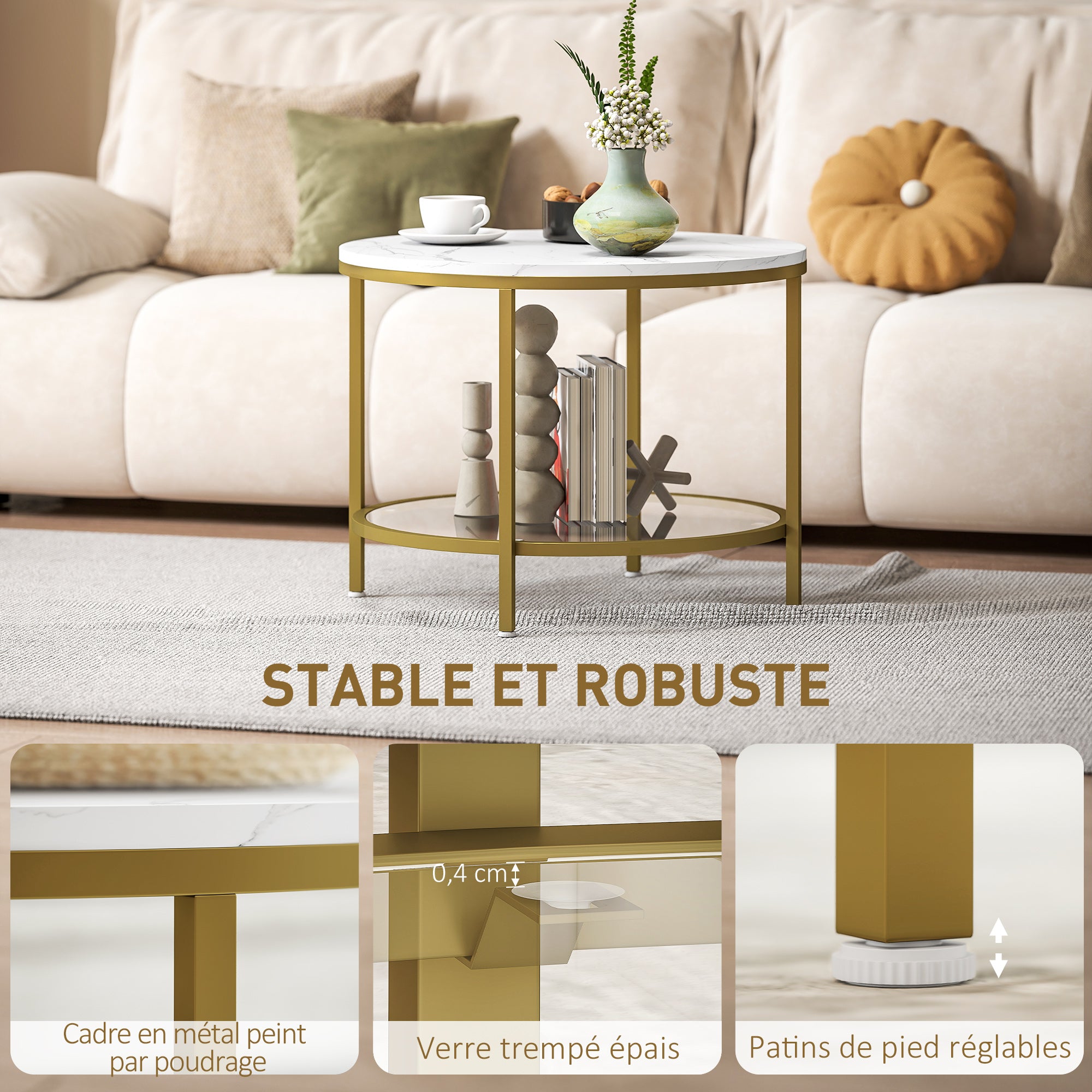 Round Living Room Coffee Table, Modern 2-Tier Side Table with Marble Effect Top and Tempered Glass Shelf, End Table for Living Room, Bedroom, Ø 60 x 45 cm, White and Gold