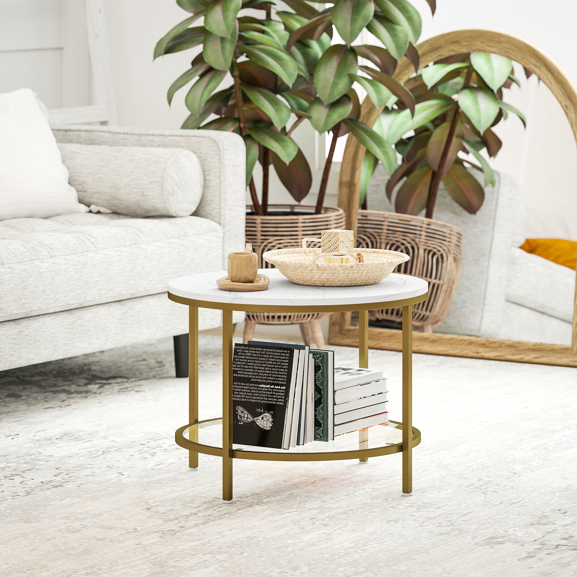 Round Living Room Coffee Table, Modern 2-Tier Side Table with Marble Effect Top and Tempered Glass Shelf, End Table for Living Room, Bedroom, Ø 60 x 45 cm, White and Gold