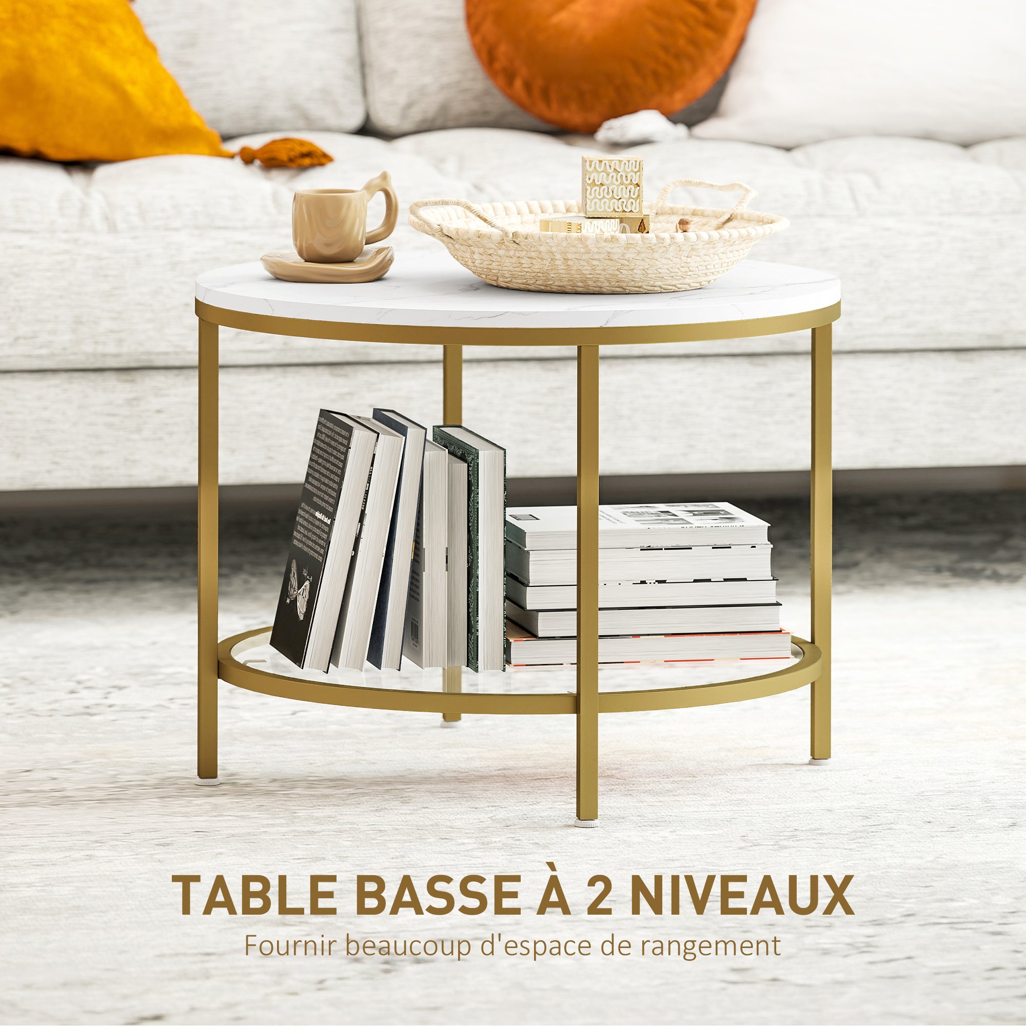 Round Living Room Coffee Table, Modern 2-Tier Side Table with Marble Effect Top and Tempered Glass Shelf, End Table for Living Room, Bedroom, Ø 60 x 45 cm, White and Gold