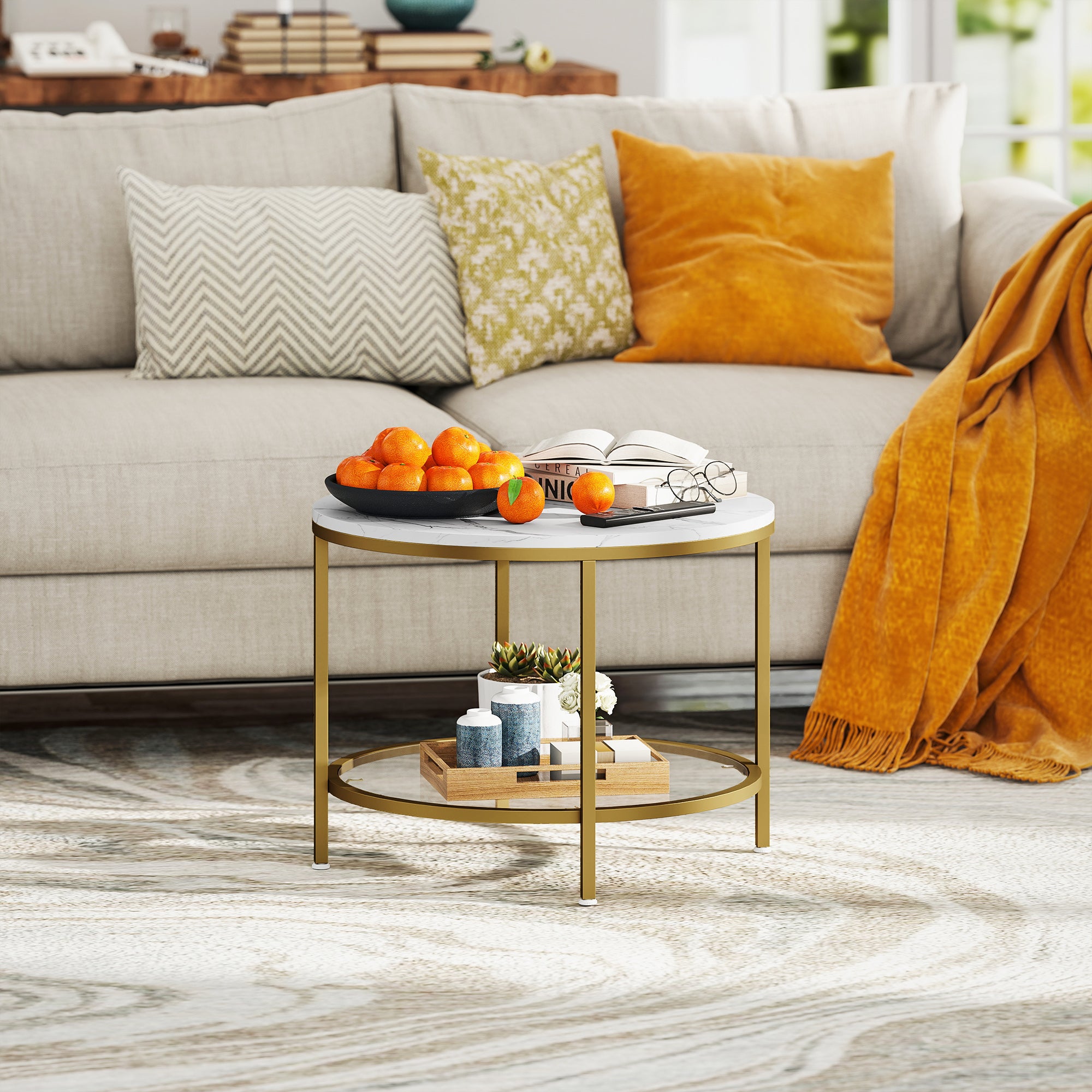 Round Living Room Coffee Table, Modern 2-Tier Side Table with Marble Effect Top and Tempered Glass Shelf, End Table for Living Room, Bedroom, Ø 60 x 45 cm, White and Gold