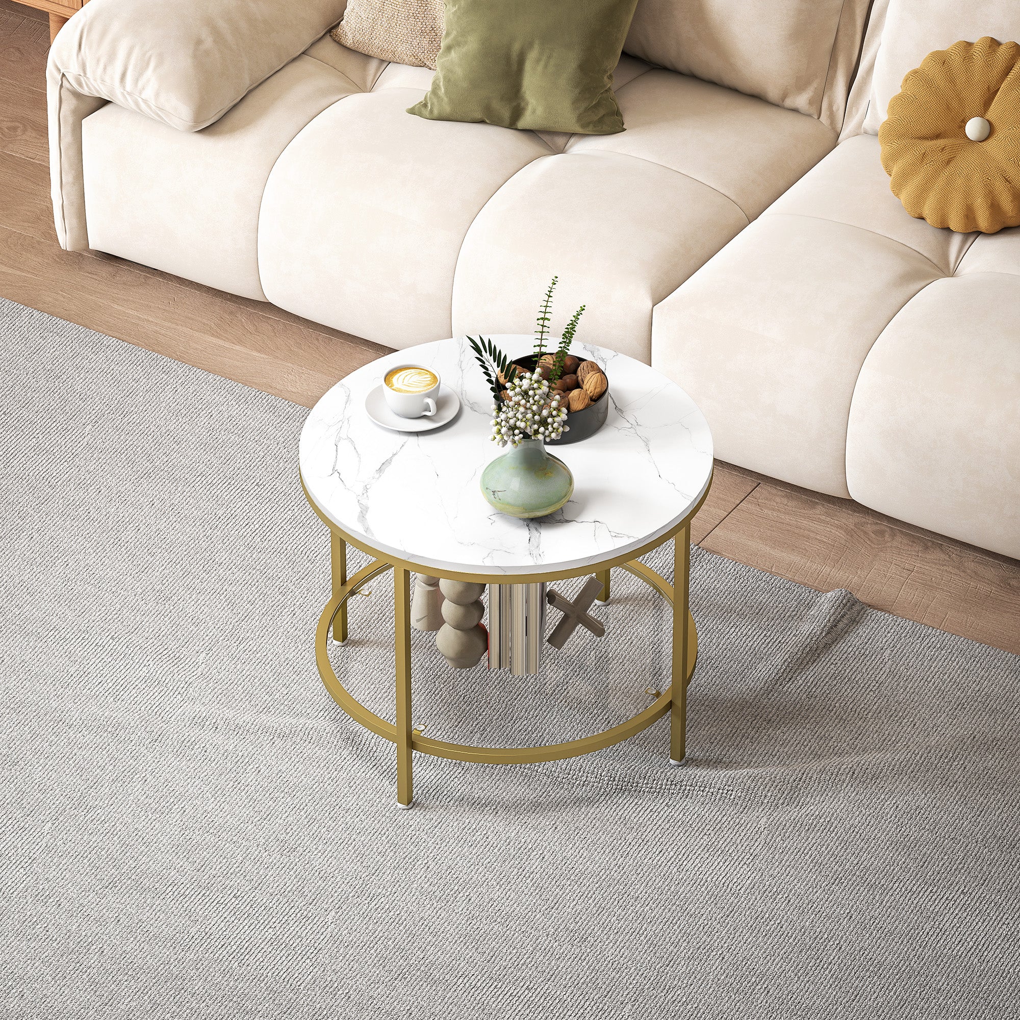Round Living Room Coffee Table, Modern 2-Tier Side Table with Marble Effect Top and Tempered Glass Shelf, End Table for Living Room, Bedroom, Ø 60 x 45 cm, White and Gold