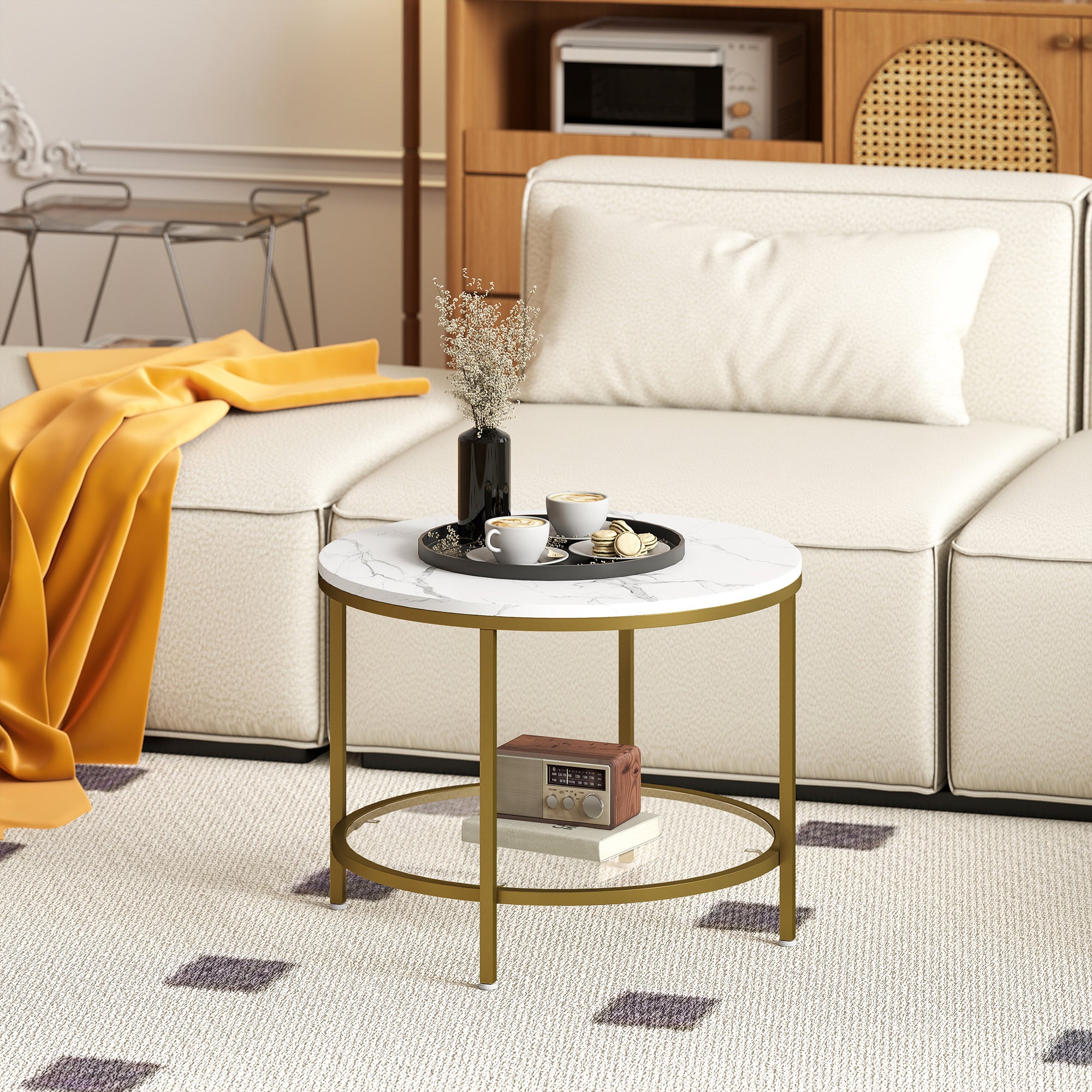 Round Living Room Coffee Table, Modern 2-Tier Side Table with Marble Effect Top and Tempered Glass Shelf, End Table for Living Room, Bedroom, Ø 60 x 45 cm, White and Gold
