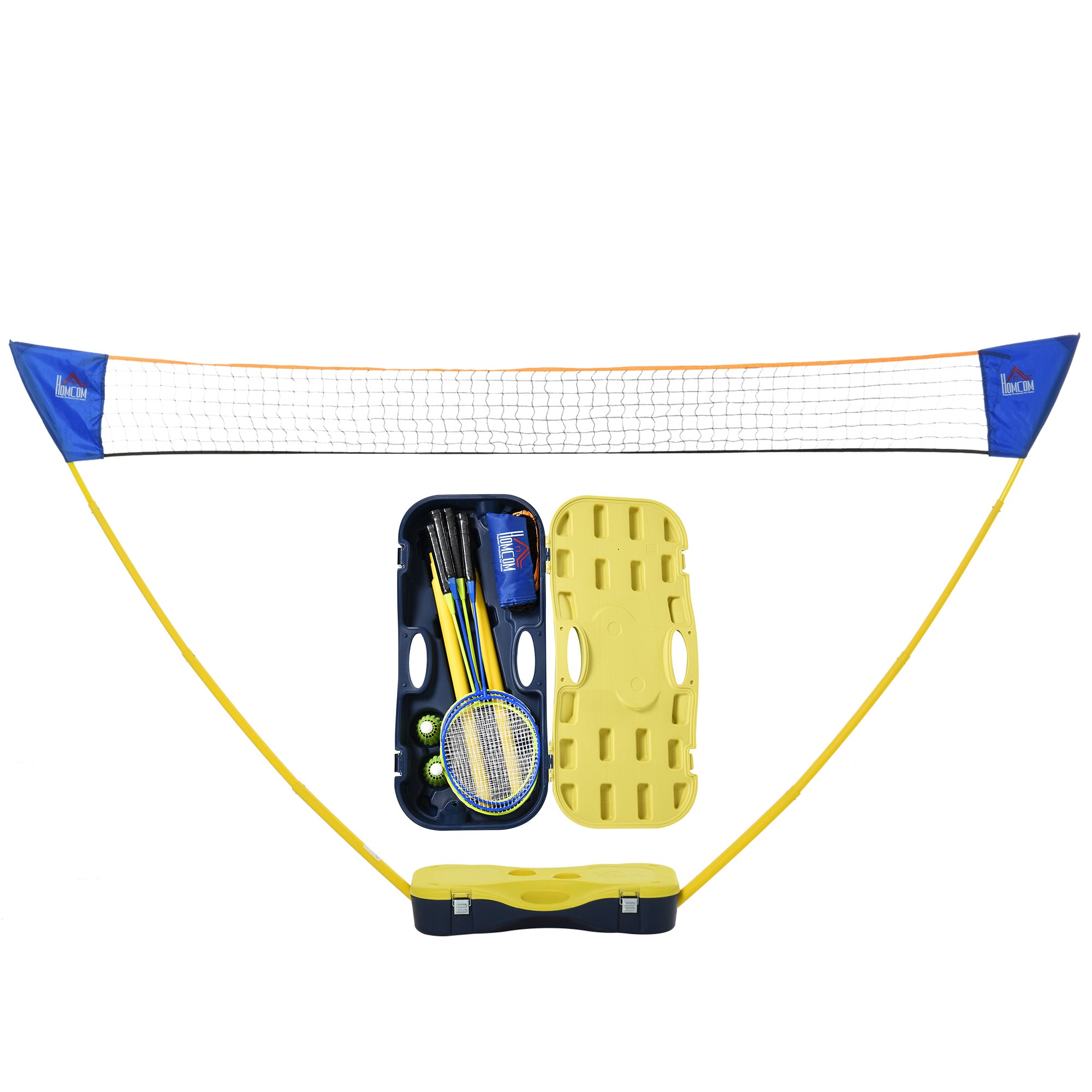 Badminton Net with Stand, Badminton Net Stand, Portable Net Stand, Badminton Net with 4 Badminton Rackets, Outdoor Sports, Yellow+Blue, 286 x 33 x 157 cm