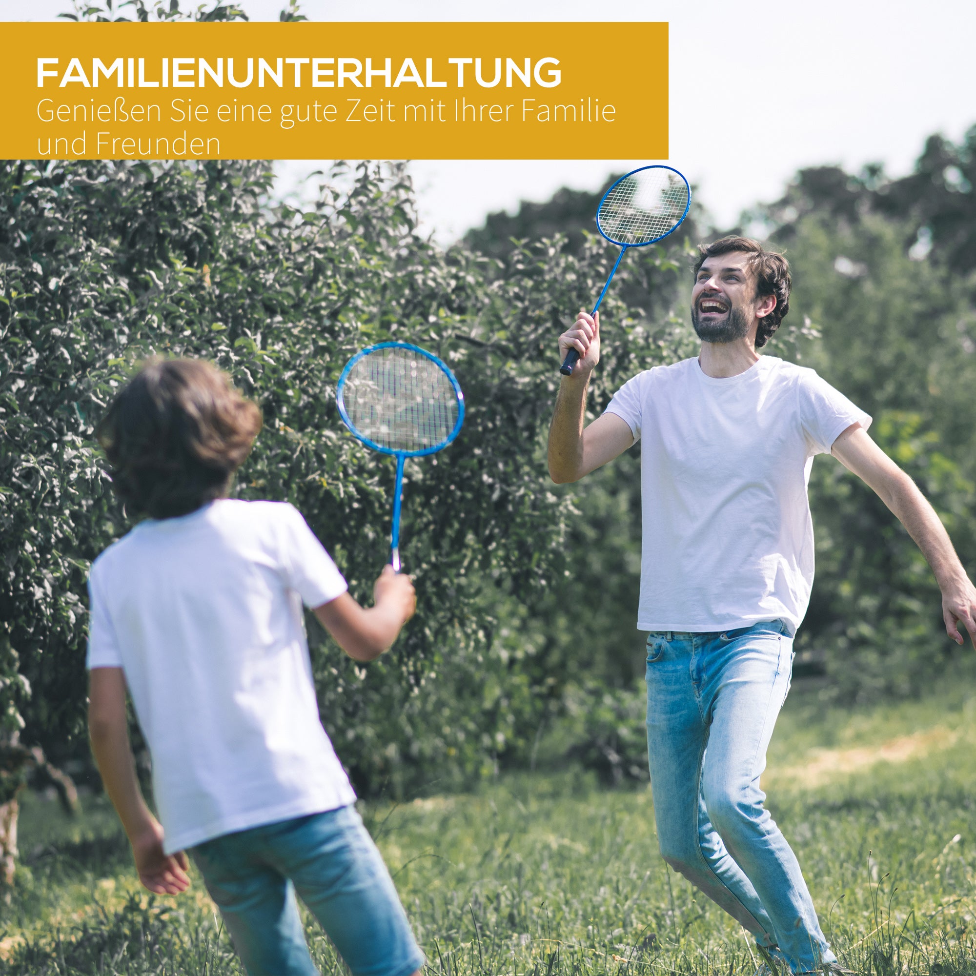 Badminton Net with Stand, Badminton Net Stand, Portable Net Stand, Badminton Net with 4 Badminton Rackets, Outdoor Sports, Yellow+Blue, 286 x 33 x 157 cm