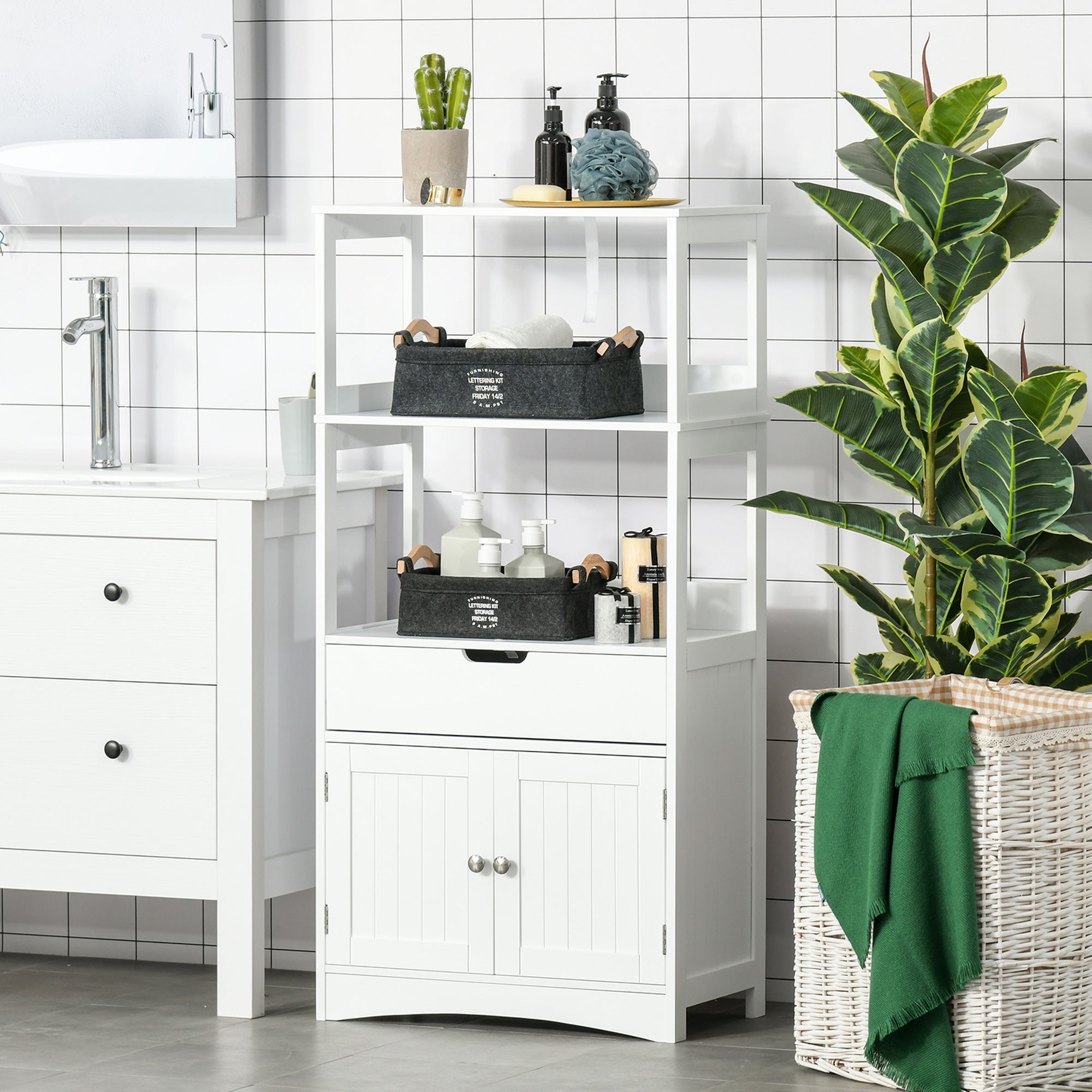 Bathroom Cabinet with 3 Shelves Drawer and 2 Doors Modern Floor Storage Cabinet for Kitchen Bedroom Living Room 60x33x122.5 cm White