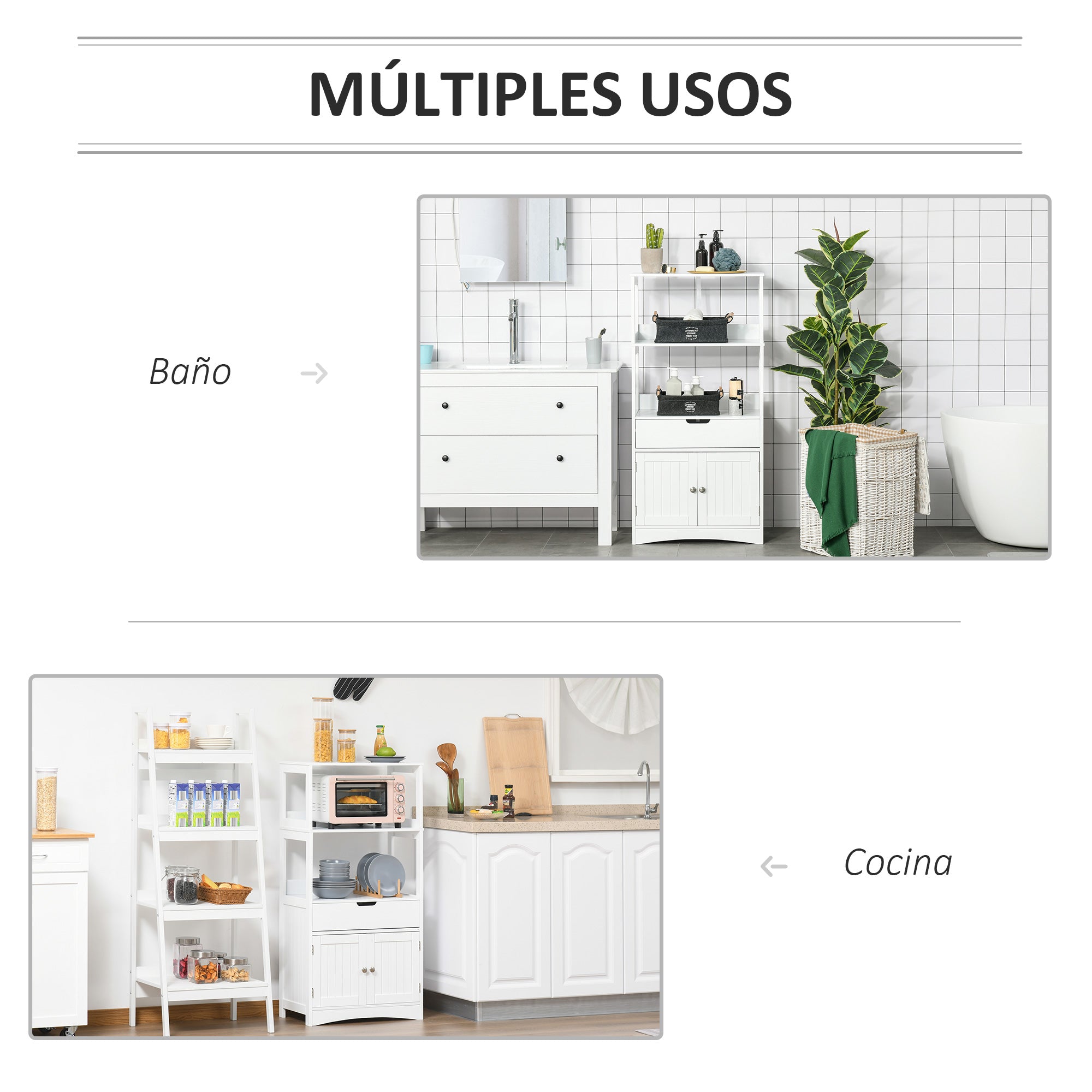 Bathroom Cabinet with 3 Shelves Drawer and 2 Doors Modern Floor Storage Cabinet for Kitchen Bedroom Living Room 60x33x122.5 cm White