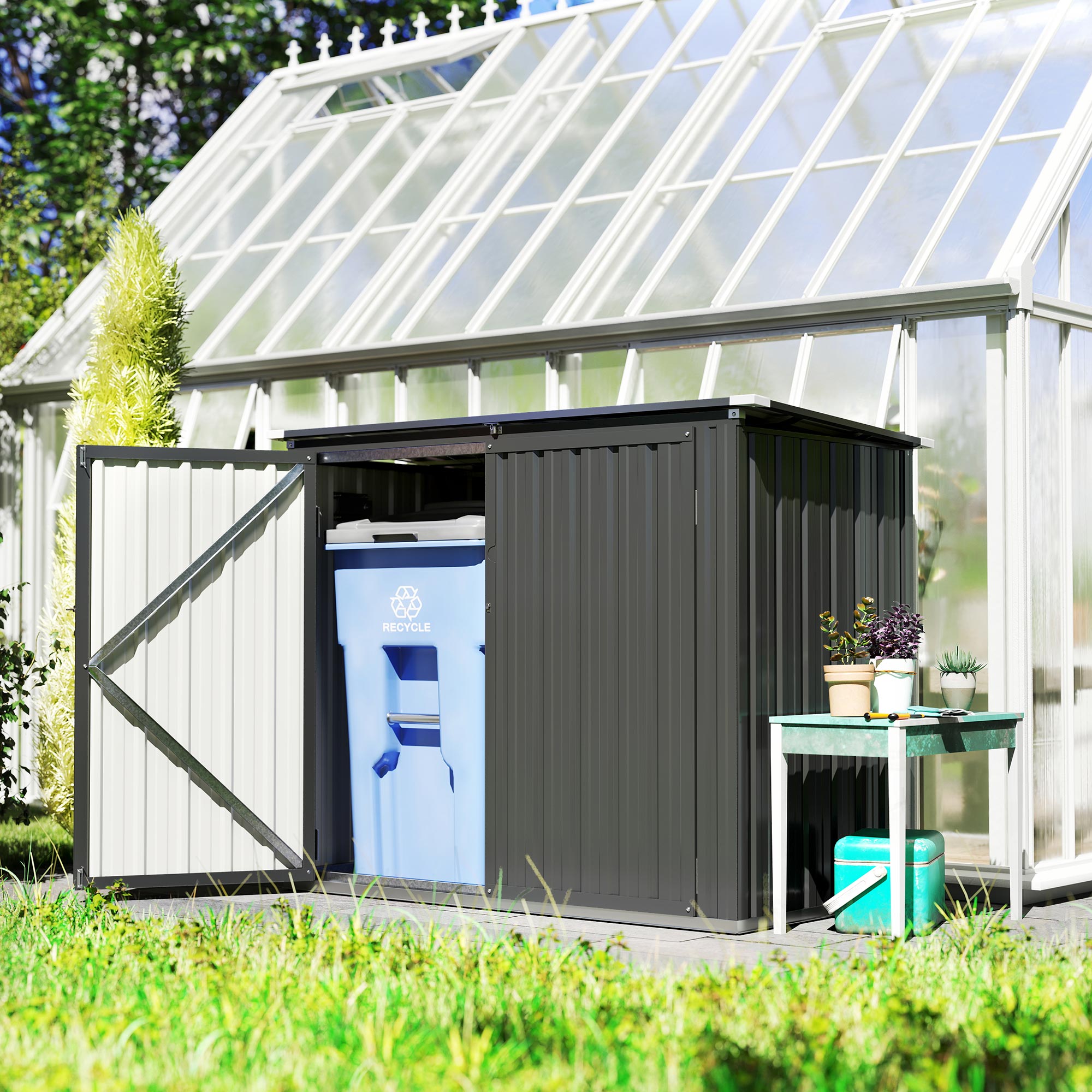 Double Waste Bin Shed, 240L Galvanized Steel Trash Can Storage with Hinged Lid & Lockable Double Doors, Outdoor Garden Shed, 150 x 80 x 117 cm, Dark Gray