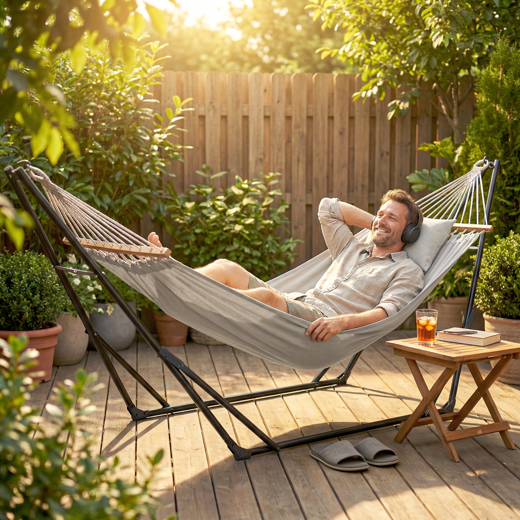 Folding Hammock Stand — Adjustable 5.7–9.5 ft, Portable Steel Frame with Carry Bag, 265 lb Capacity (Black)