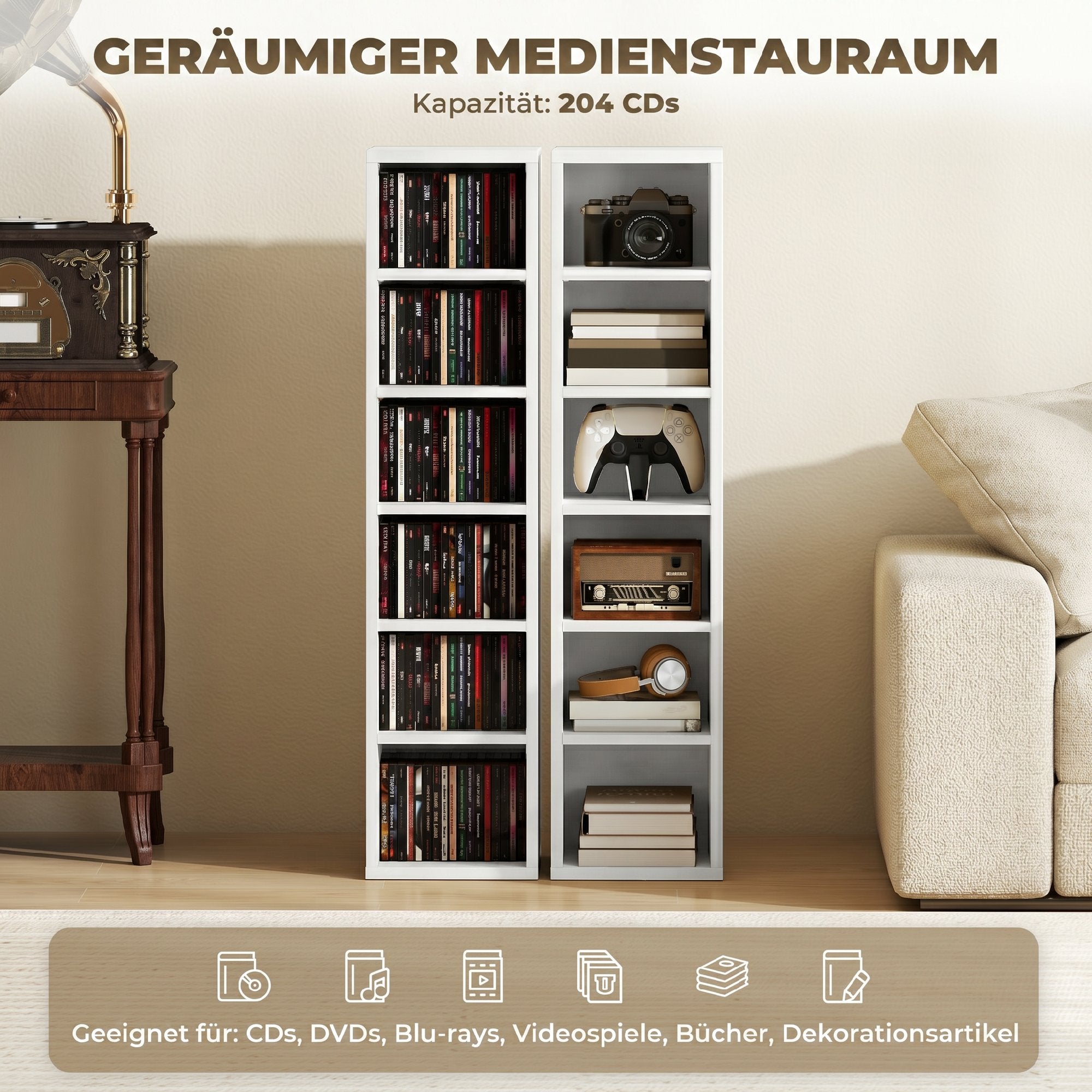 2-Pack Stackable CD, DVD & Blu-ray Shelf - 6 Adjustable Compartments, Media Storage Display, 21 x 22.5 x 88.5 cm, White