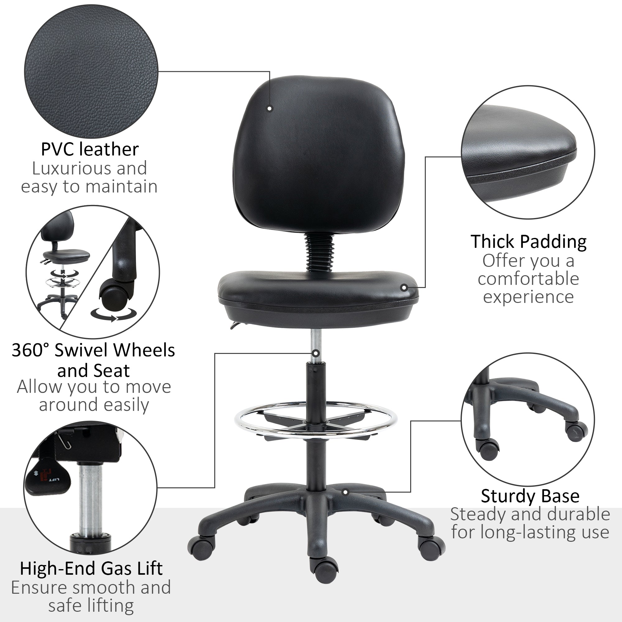 Adjustable Height Swivel Stool 69-91 cm with Reclining Backrest and Adjustable Footrest