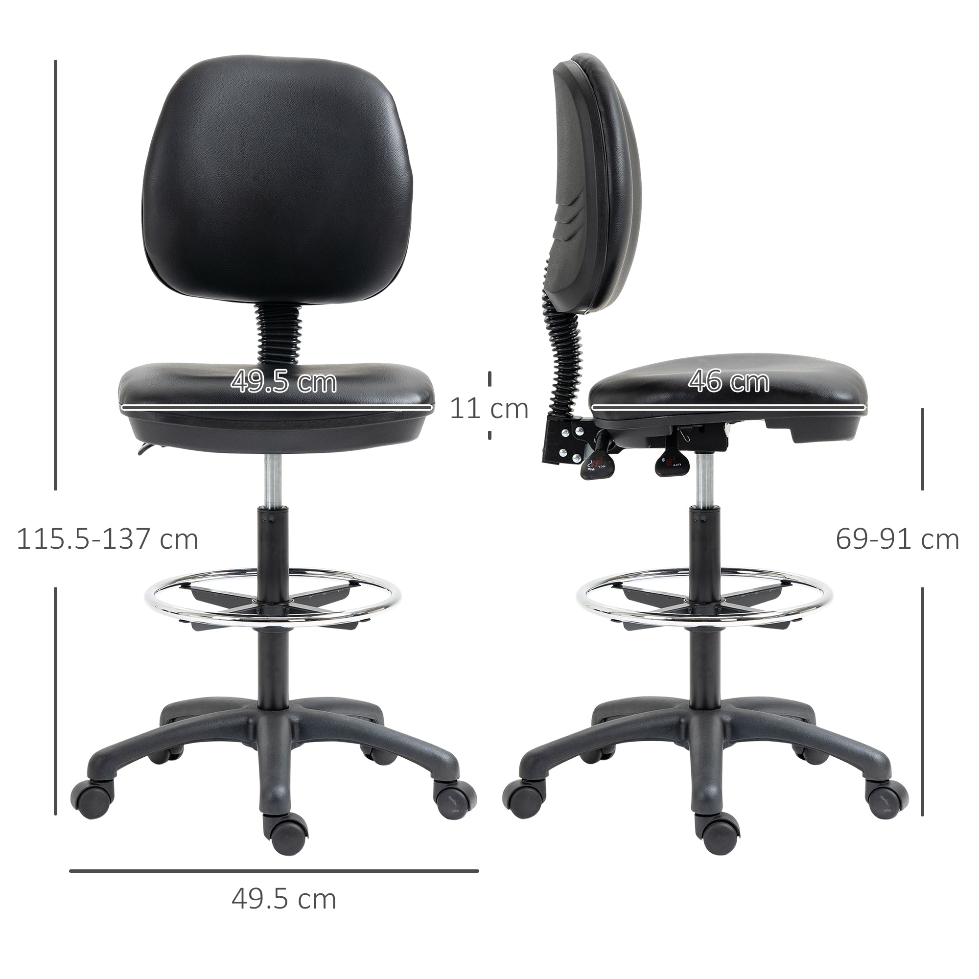 Adjustable Height Swivel Stool 69-91 cm with Reclining Backrest and Adjustable Footrest