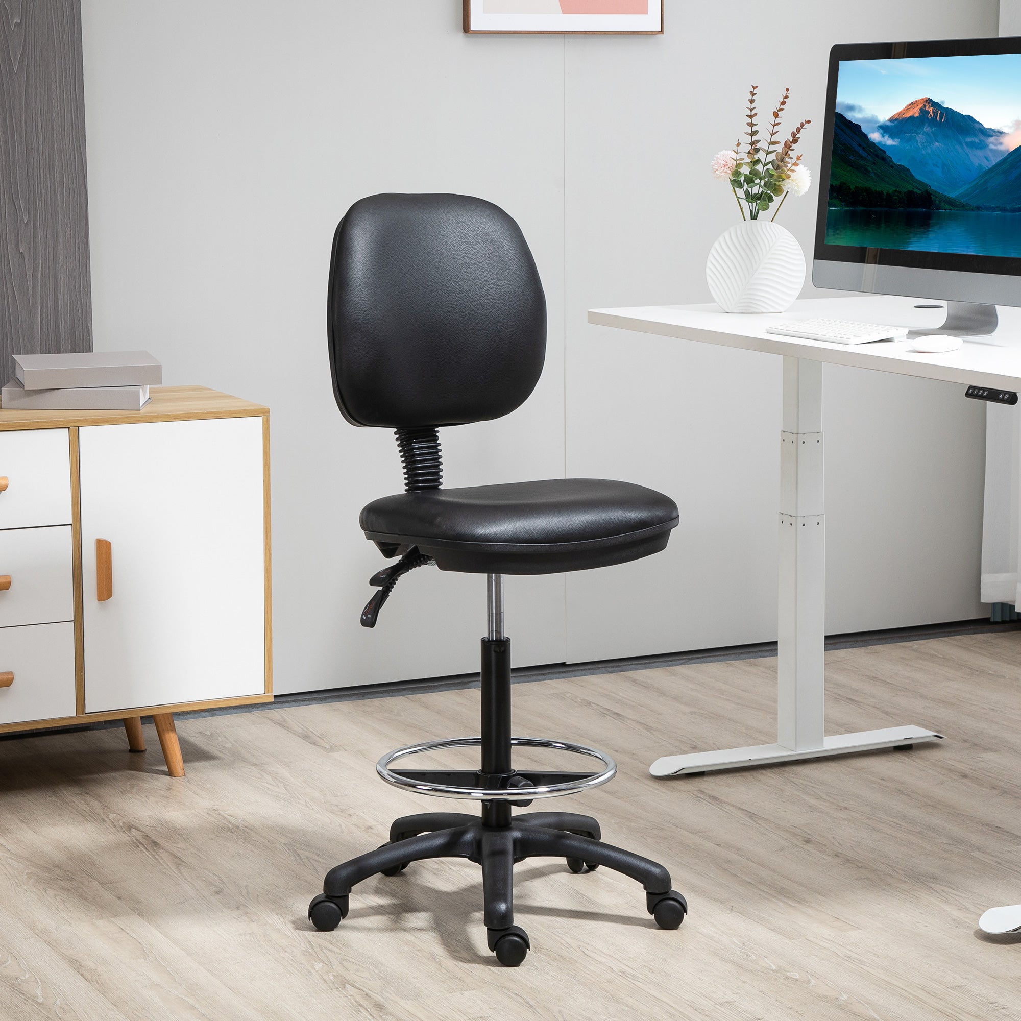 Adjustable Height Swivel Stool 69-91 cm with Reclining Backrest and Adjustable Footrest