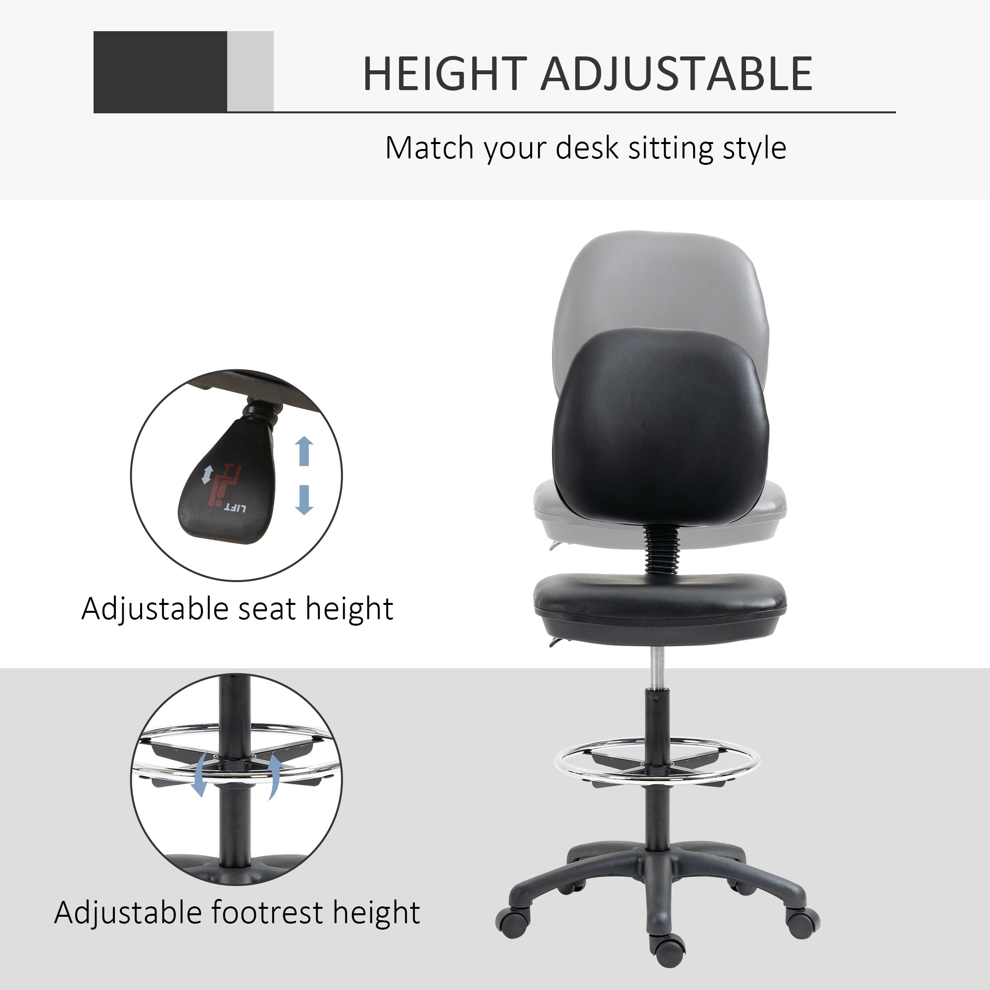 Adjustable Height Swivel Stool 69-91 cm with Reclining Backrest and Adjustable Footrest