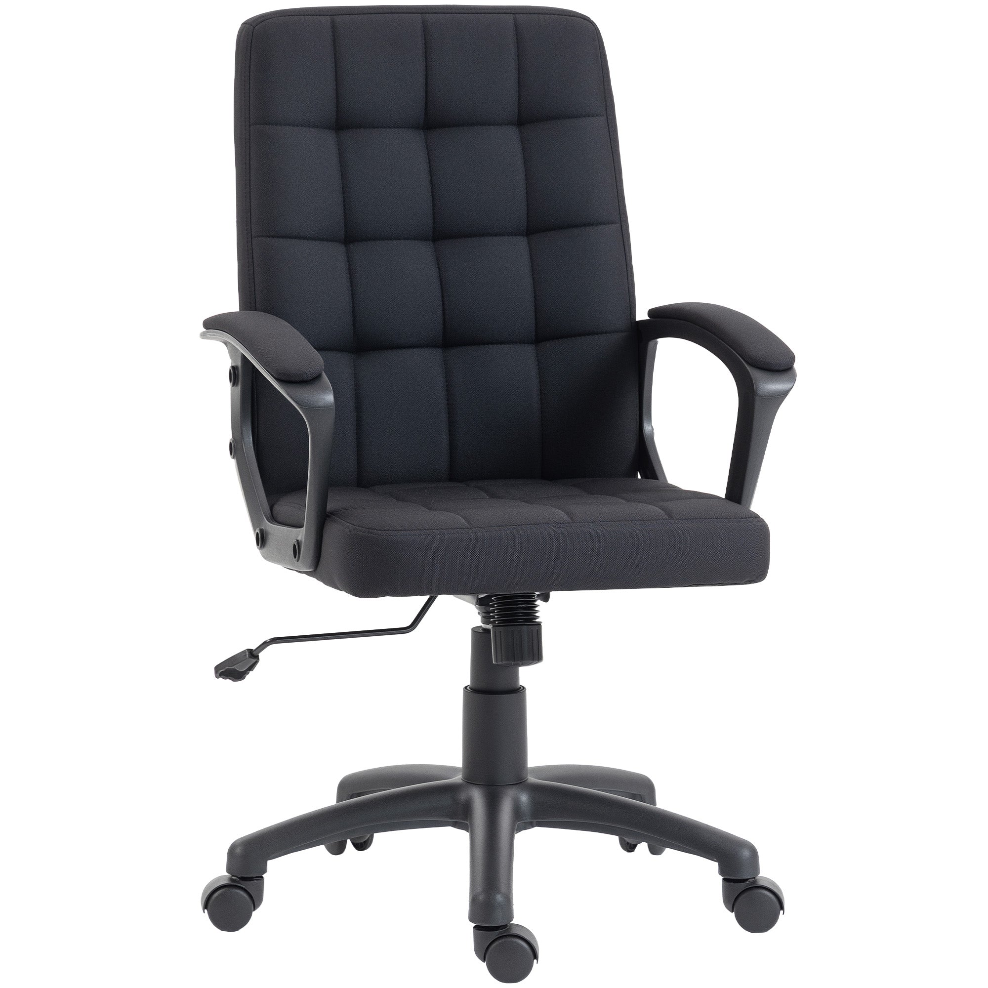Mid-Back Swivel Office Chair — Synthetic Linen Upholstery, Height-Adjustable, Tilt, Armrests, Casters — Black