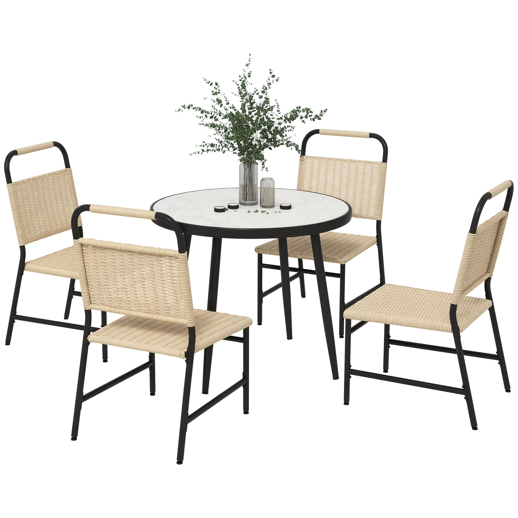 5-Piece Garden Set with Marble Effect Glass Table and 4 PE Rattan Chairs, Garden and Terrace Lounge, Khaki Color