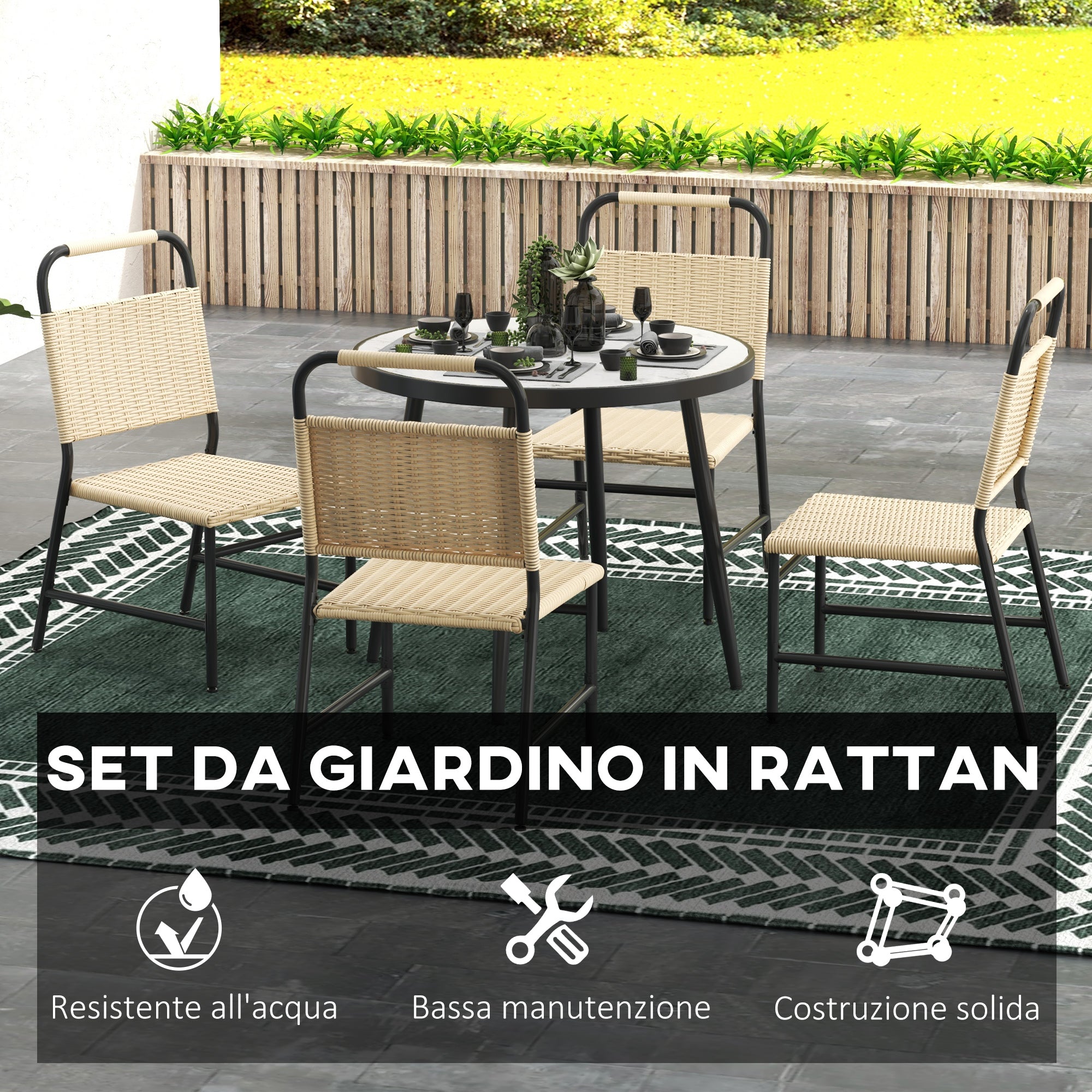 5-Piece Garden Set with Marble Effect Glass Table and 4 PE Rattan Chairs, Garden and Terrace Lounge, Khaki Color