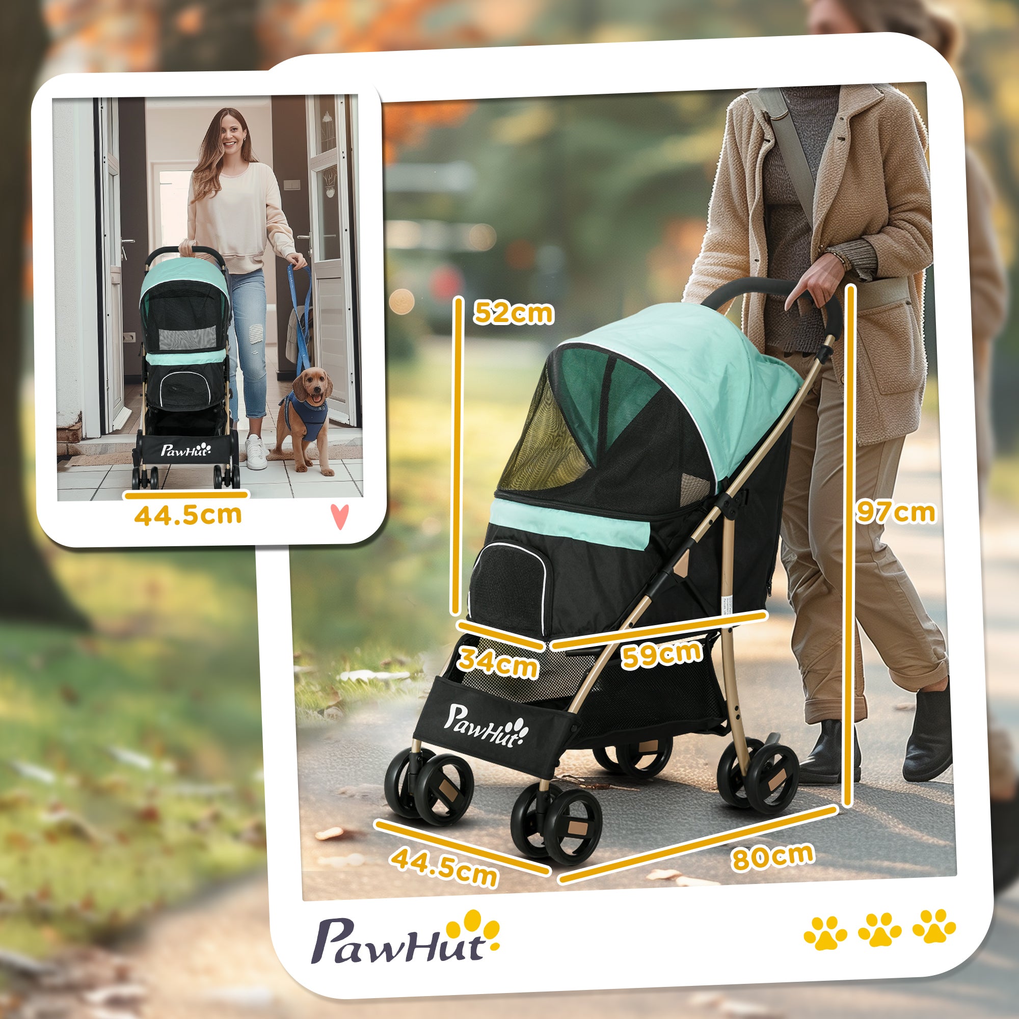 Small and Mini Dog Stroller, Foldable Pet Stroller with Rain Cover, Basket, and Integrated Leash, Green