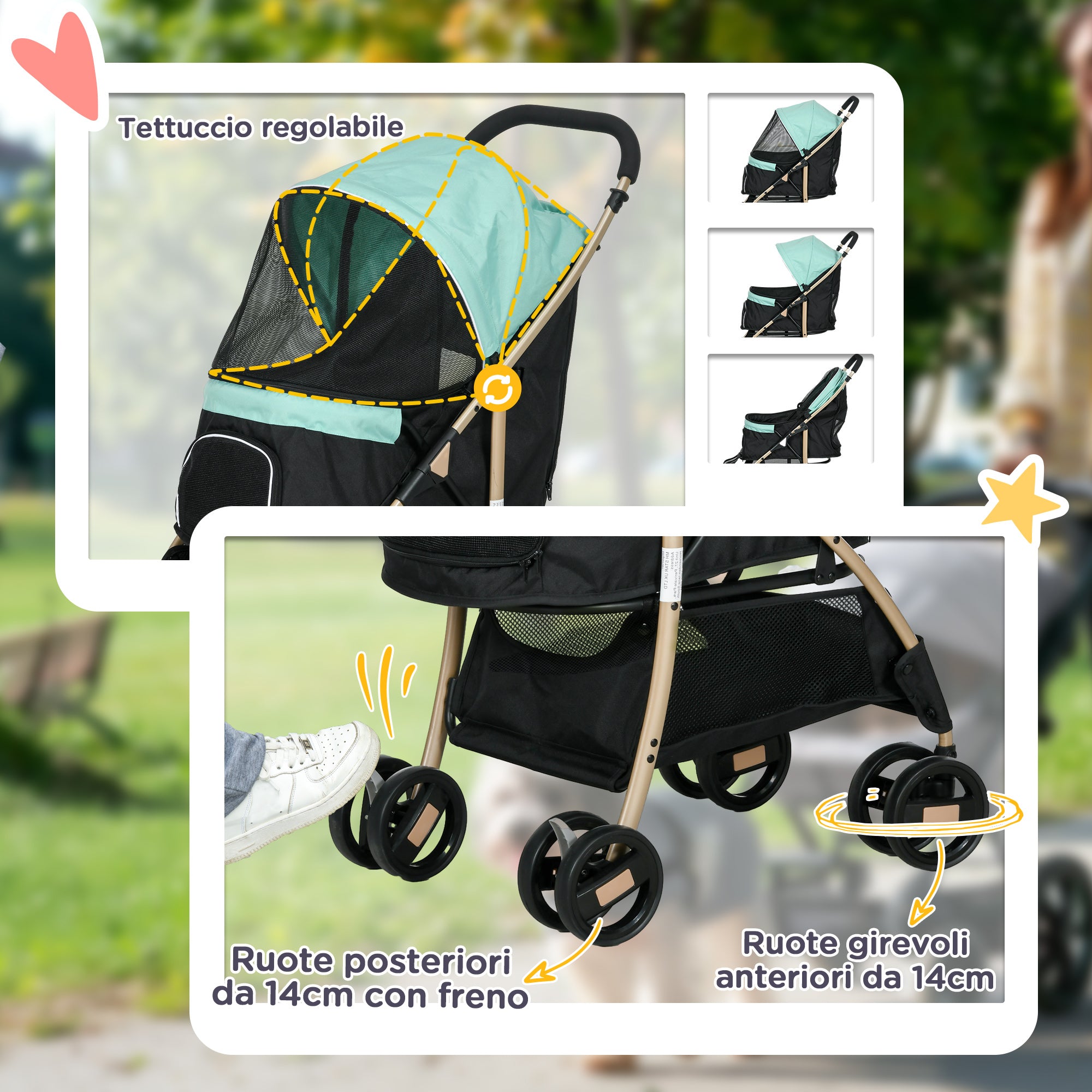Small and Mini Dog Stroller, Foldable Pet Stroller with Rain Cover, Basket, and Integrated Leash, Green