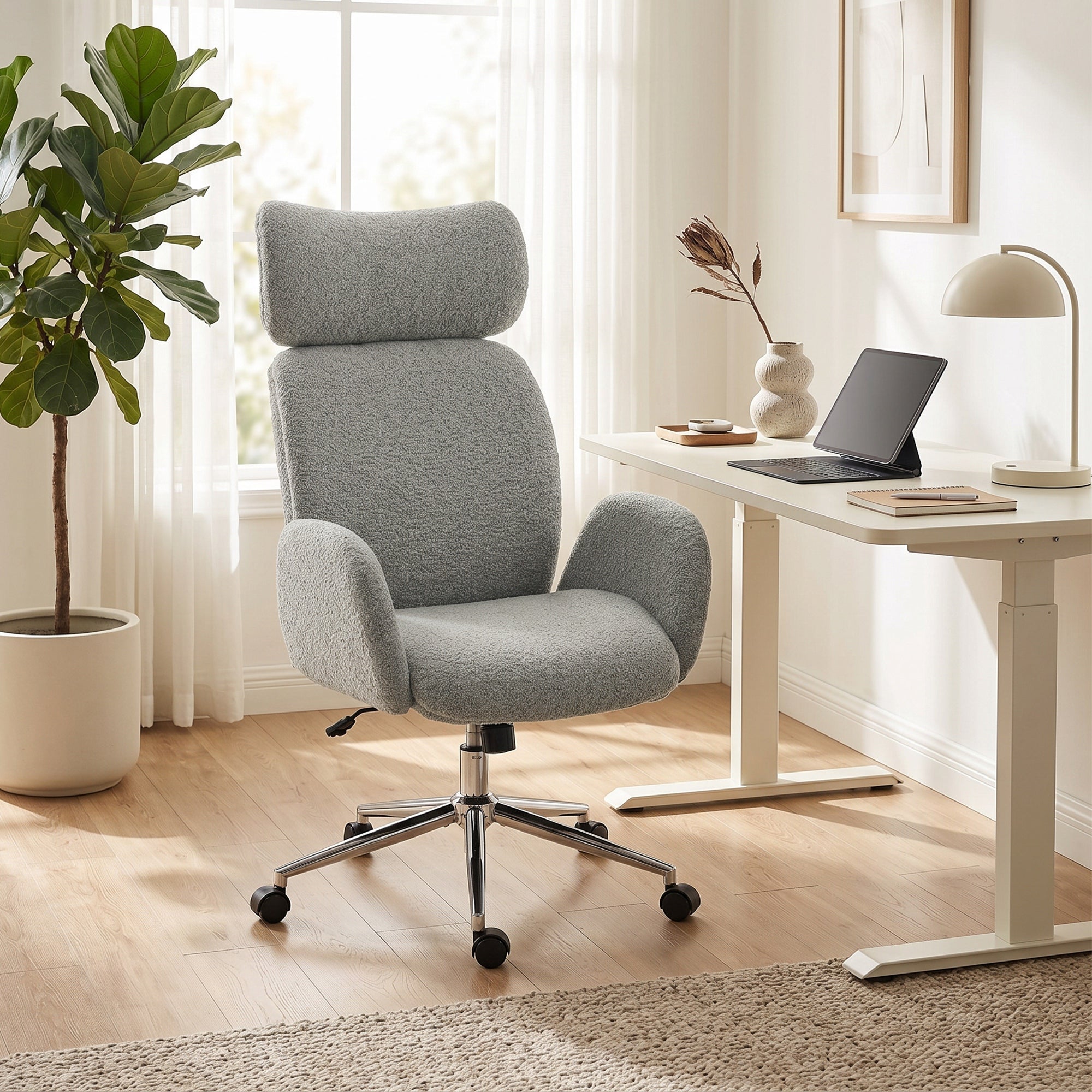 Bouclé Office Chair with Armrests — Adjustable Headrest, Height-Adjustable Swivel with Tilt, Dark Gray