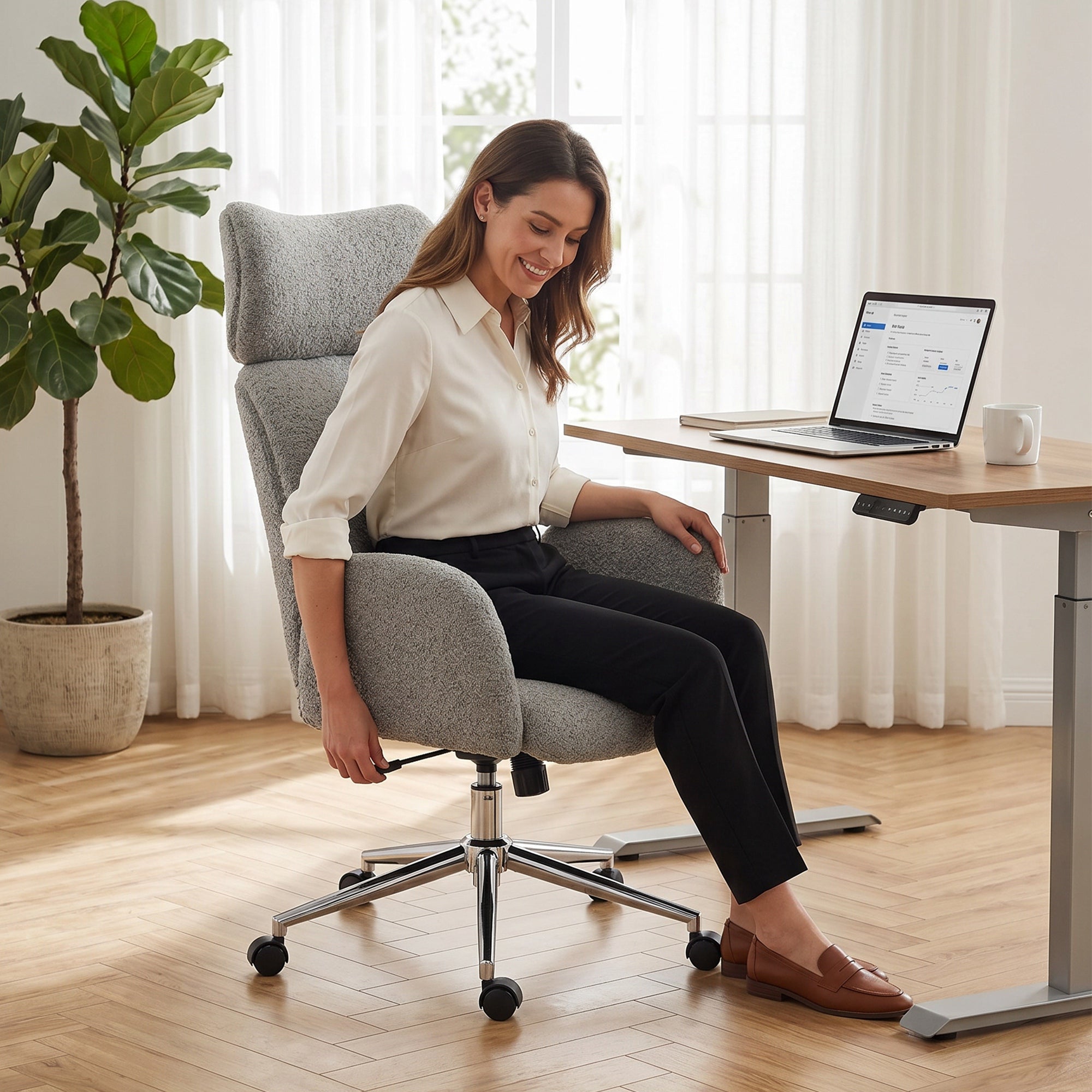 Bouclé Office Chair with Armrests — Adjustable Headrest, Height-Adjustable Swivel with Tilt, Dark Gray