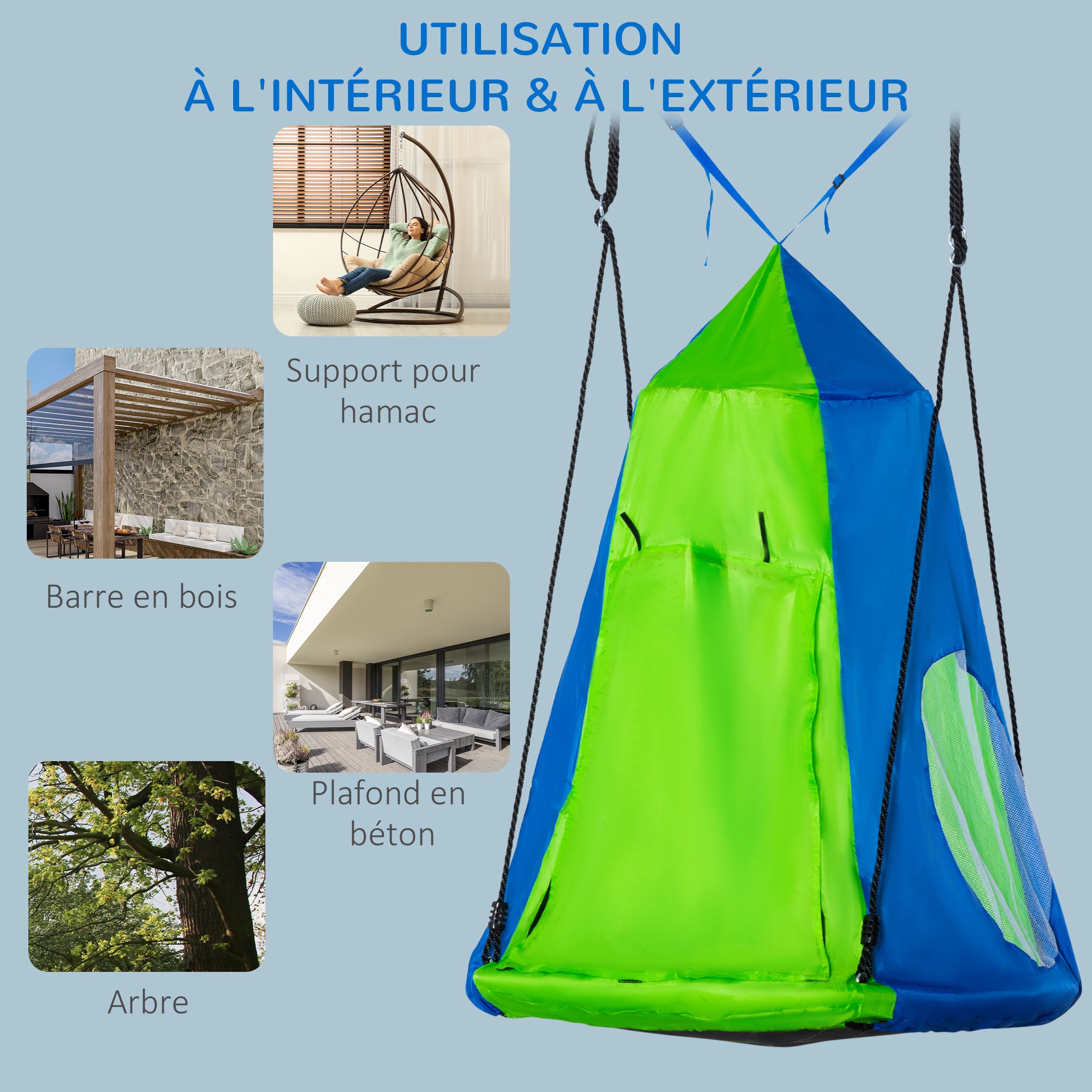 Round Bird's Nest Swing with Removable Tent Ø 100 cm 4 Rings Included Epoxy Metal High-Density Oxford - Green and Blue
