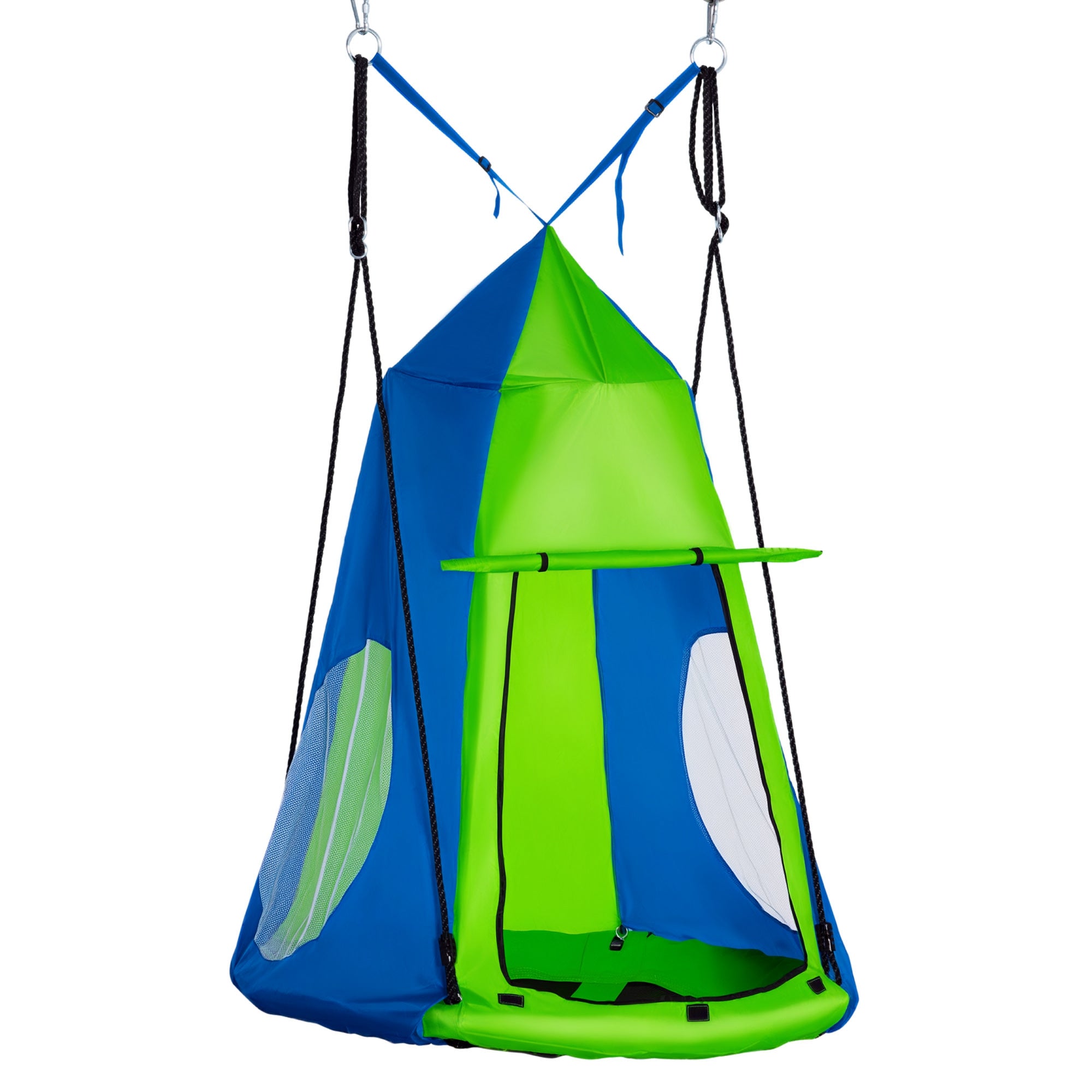 Round Bird's Nest Swing with Removable Tent Ø 100 cm 4 Rings Included Epoxy Metal High-Density Oxford - Green and Blue