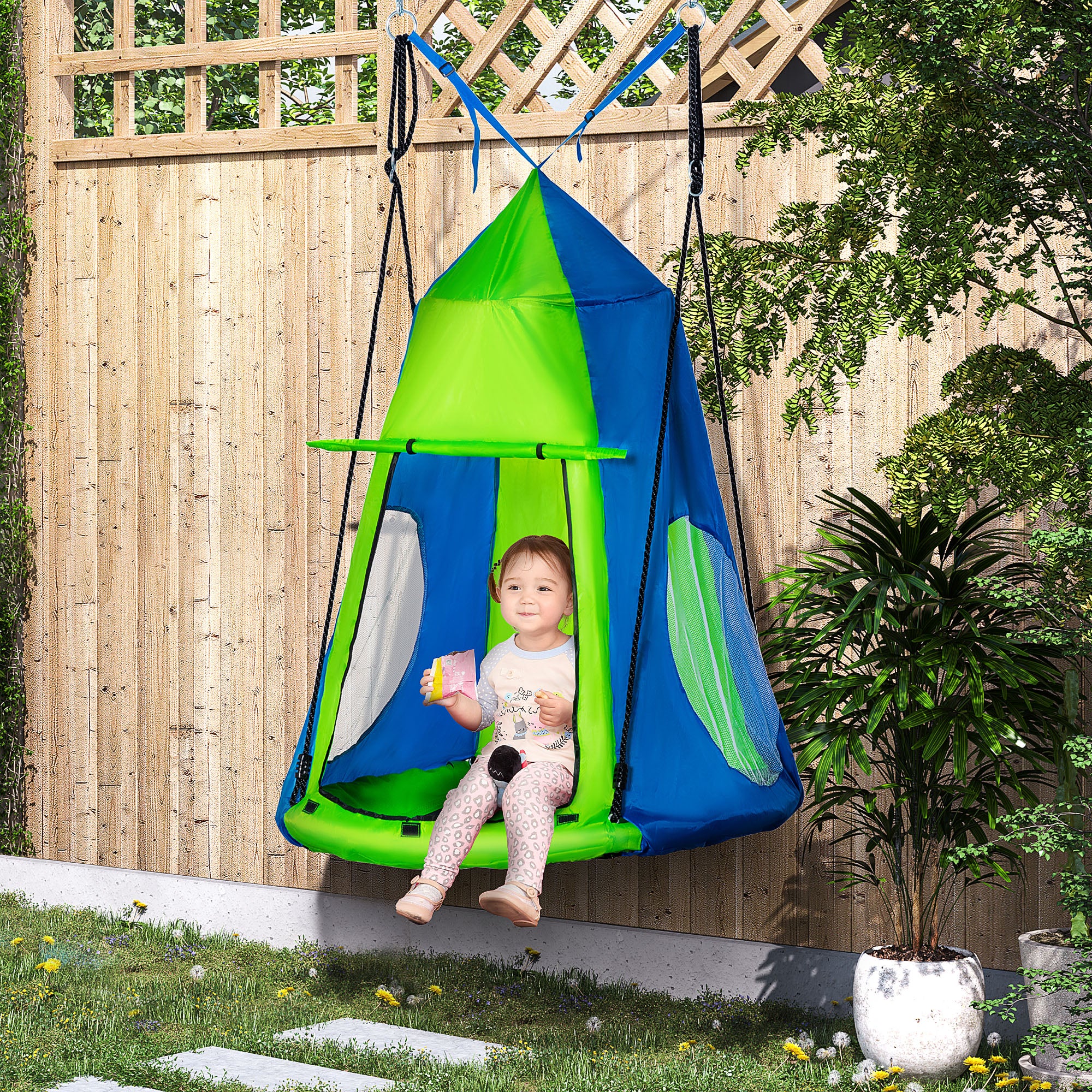Round Bird's Nest Swing with Removable Tent Ø 100 cm 4 Rings Included Epoxy Metal High-Density Oxford - Green and Blue