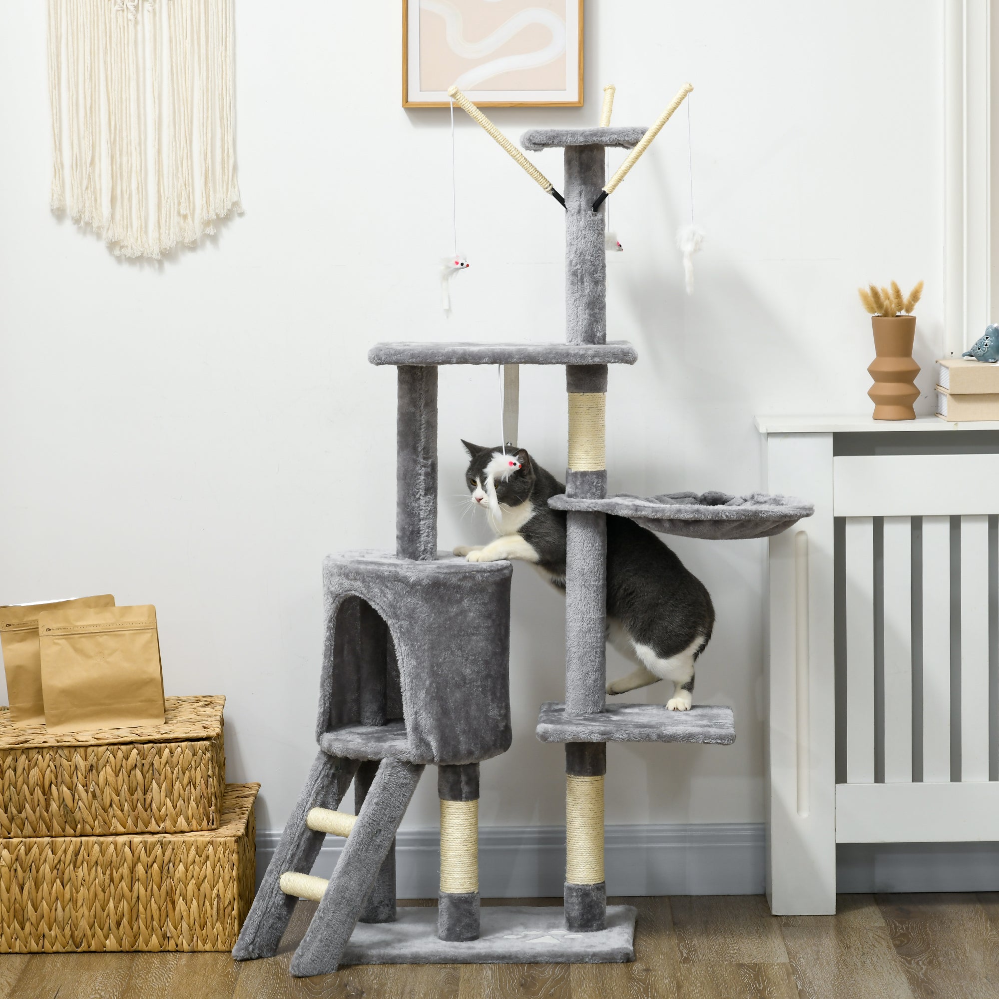 Scratching Tree 134.2 cm Cat Tower with Cave, 2 Toys Sisal Posts, Large Platform, Stairs, Multi-Level Cat Scratching Tree, Climbing Tree, for medium-sized cats, Gray+White