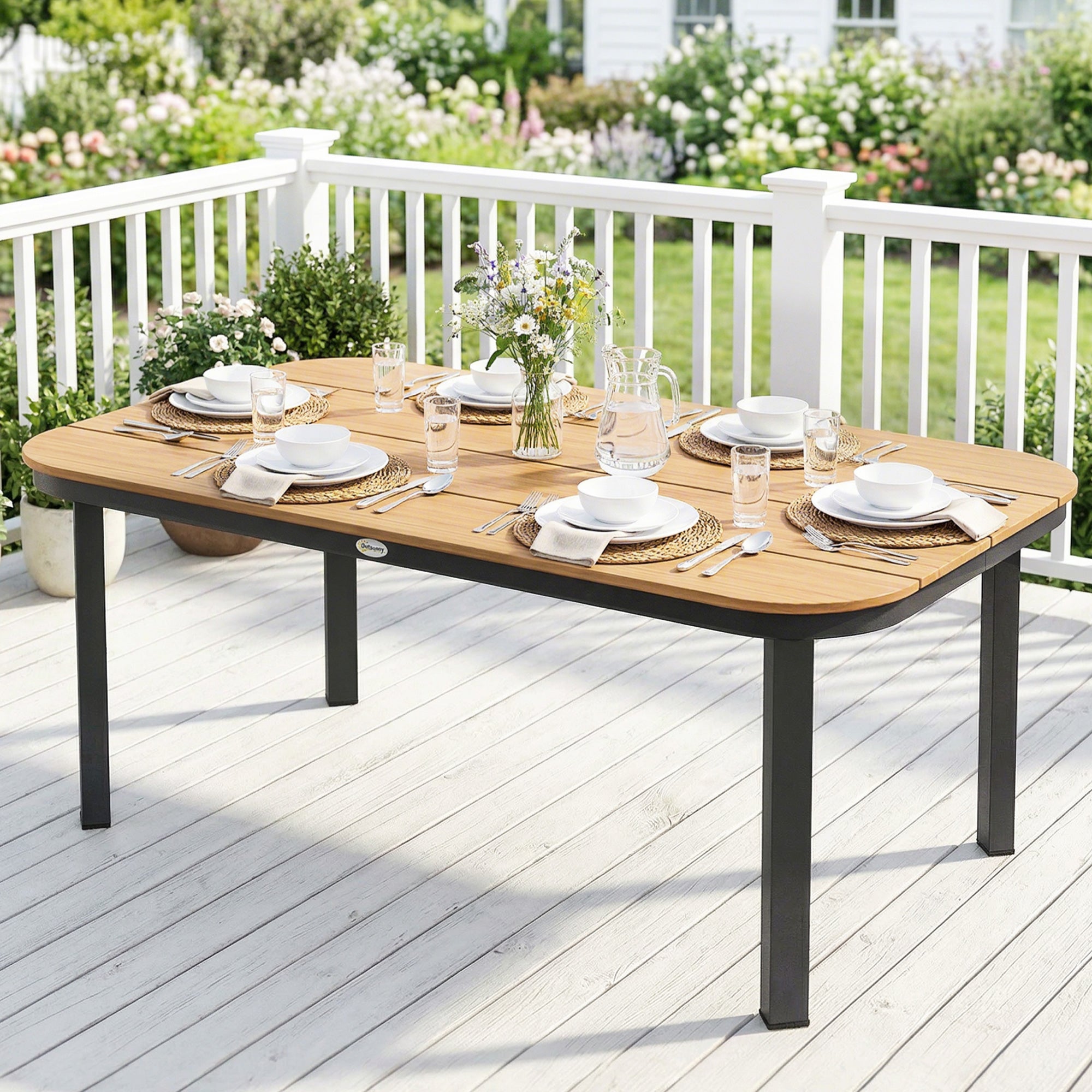 6-Person Outdoor Dining Table — WPC Slatted Top, Metal Frame, Brown, 61 x 34.6 x 28.3 in