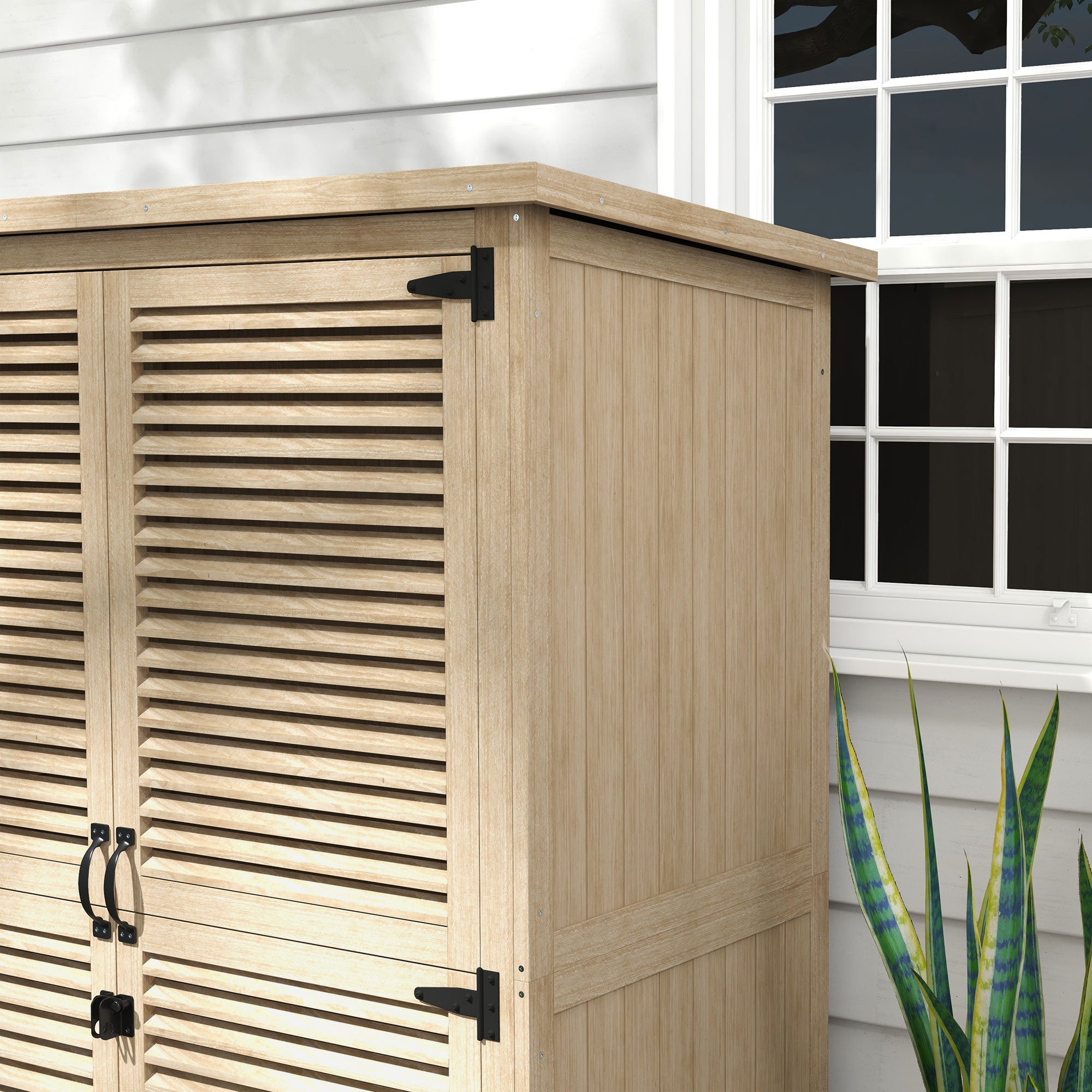 Wooden Shed 0.83 m² 127x65x168 cm Outdoor Wooden Cabinet with 2 Shutter Doors 2 Shelves 2 Handles and Waterproof Roof for Garden Natural