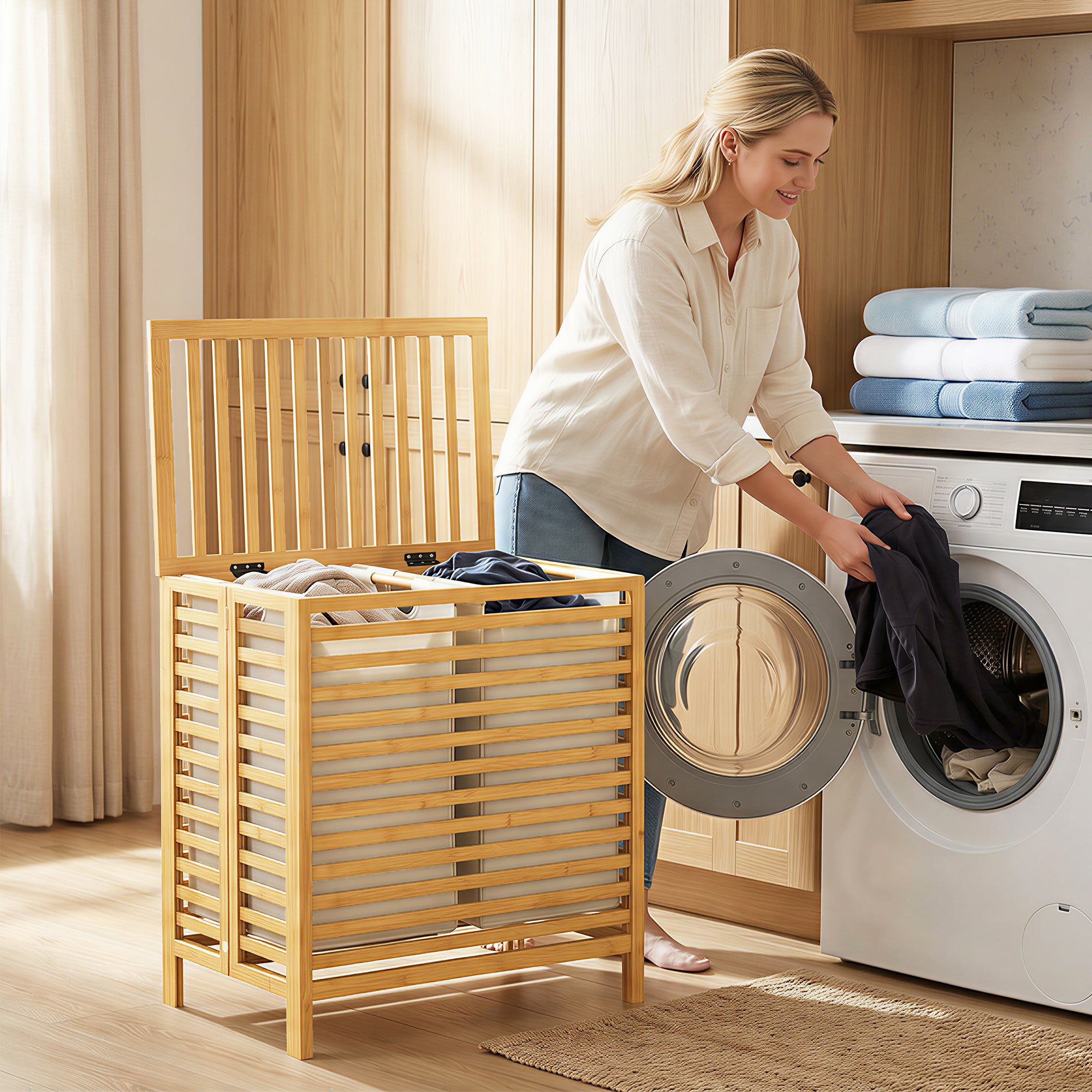 Bamboo Laundry Hamper with Lid, 64 L Double Laundry Bin with 2 Removable Washable Bags, Foldable Laundry Sorter for Bathroom & Bedroom, Natural & Cream White