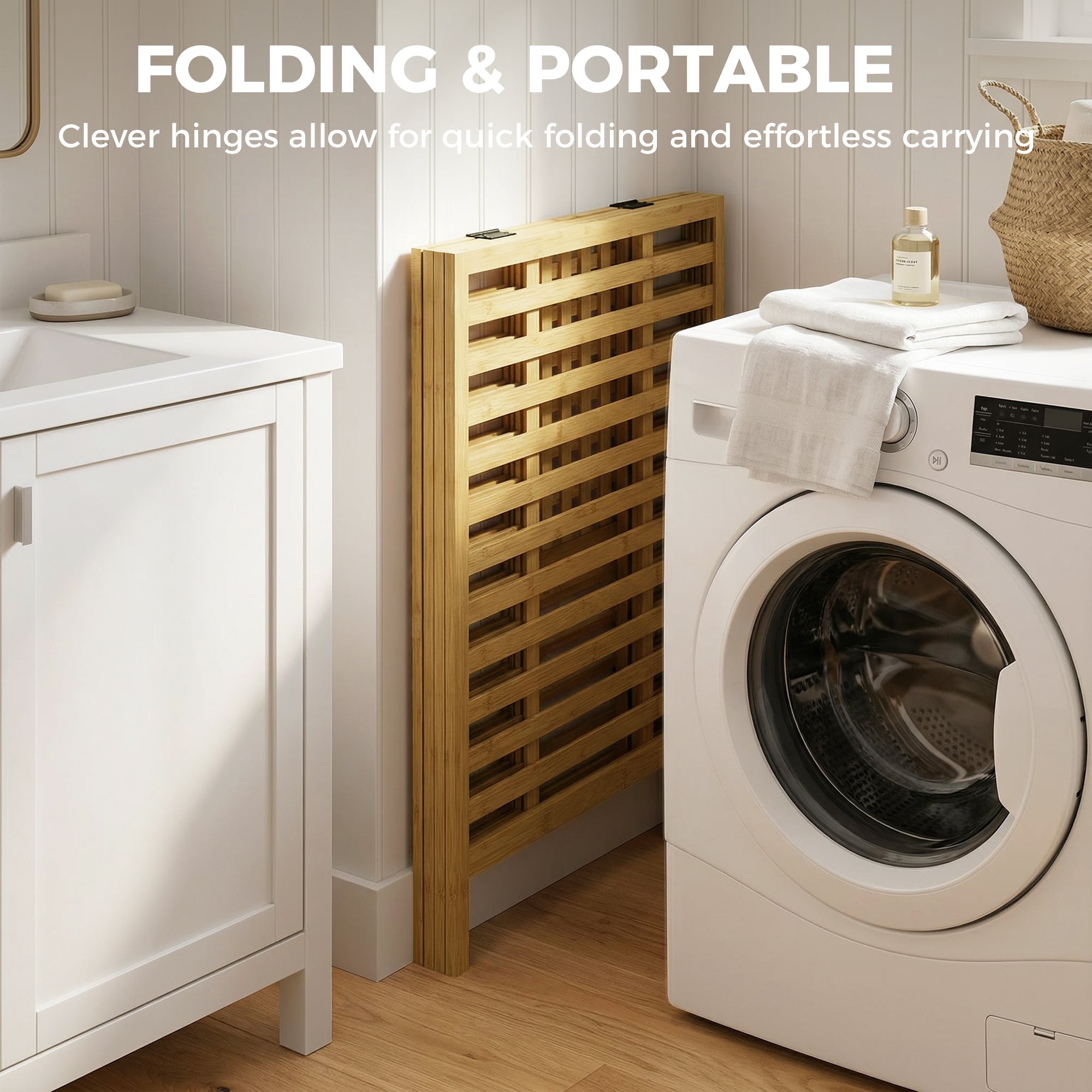 Bamboo Laundry Hamper with Lid, 64 L Double Laundry Bin with 2 Removable Washable Bags, Foldable Laundry Sorter for Bathroom & Bedroom, Natural & Cream White