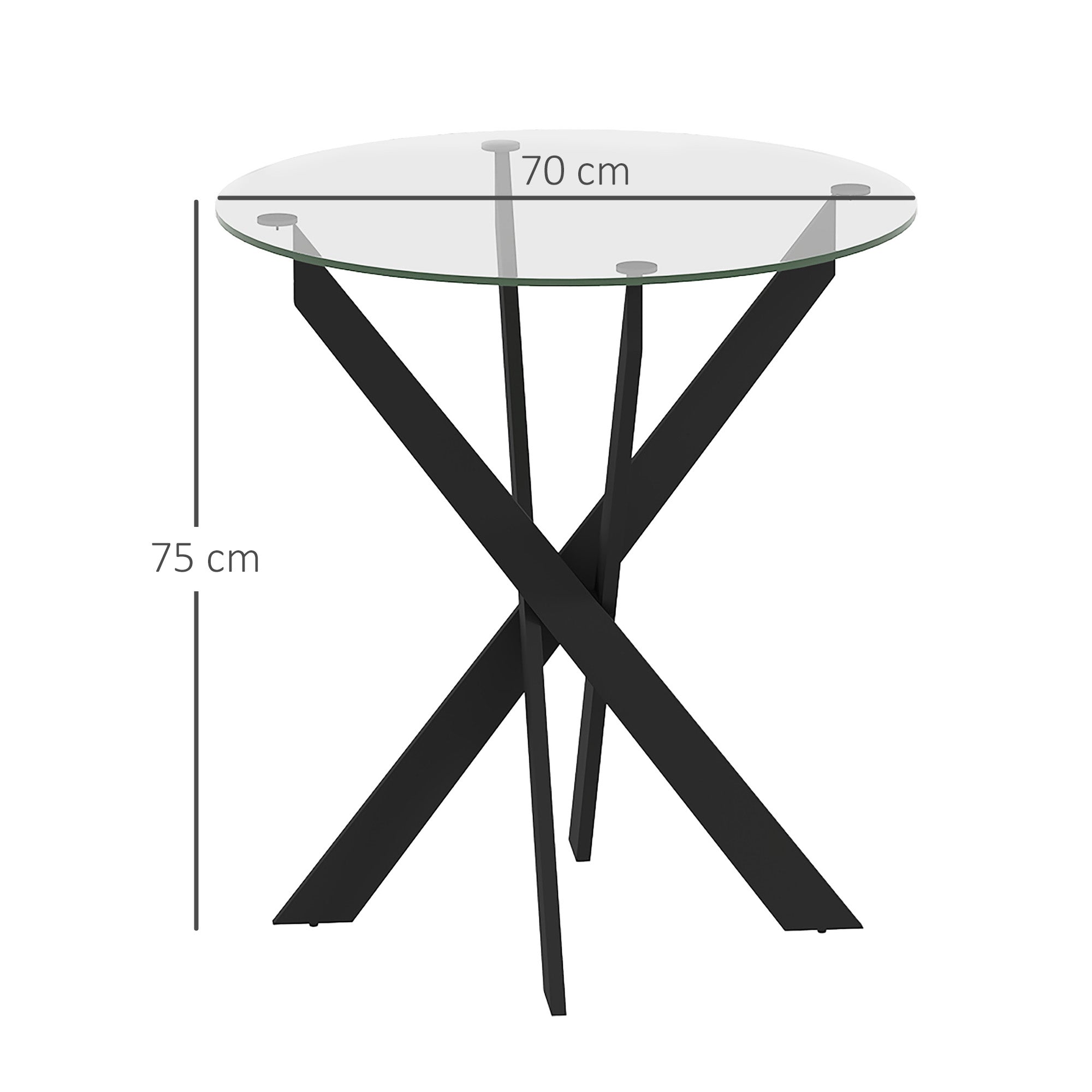Dining Table, Round Kitchen Table for 4 People, Glass Dining Table with Steel Legs, Tempered Glass Tabletop, for Dining Room, Kitchen, Ø70 x 75 cm, Modern Design, Black+Transparent
