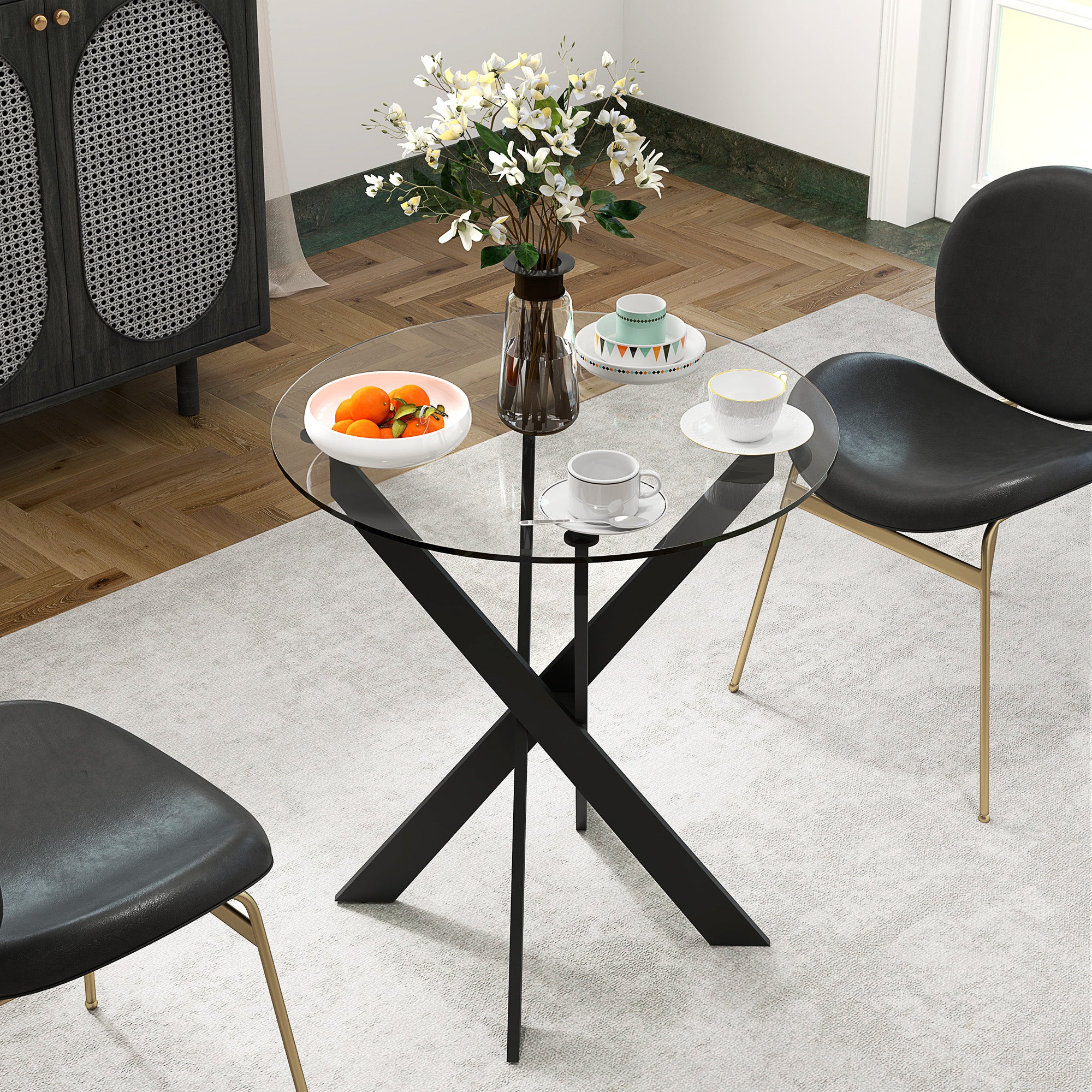Dining Table, Round Kitchen Table for 4 People, Glass Dining Table with Steel Legs, Tempered Glass Tabletop, for Dining Room, Kitchen, Ø70 x 75 cm, Modern Design, Black+Transparent