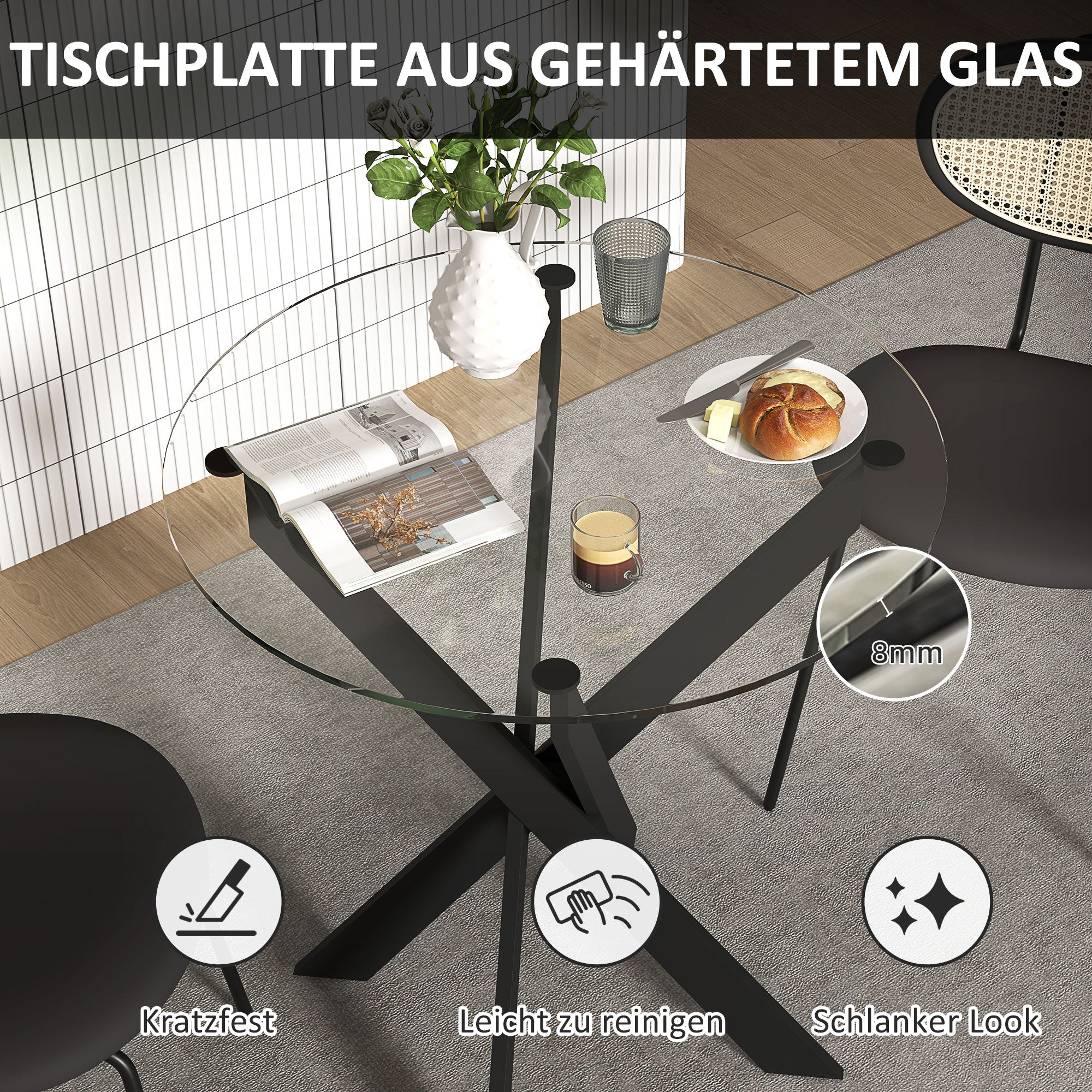 Dining Table, Round Kitchen Table for 4 People, Glass Dining Table with Steel Legs, Tempered Glass Tabletop, for Dining Room, Kitchen, Ø70 x 75 cm, Modern Design, Black+Transparent