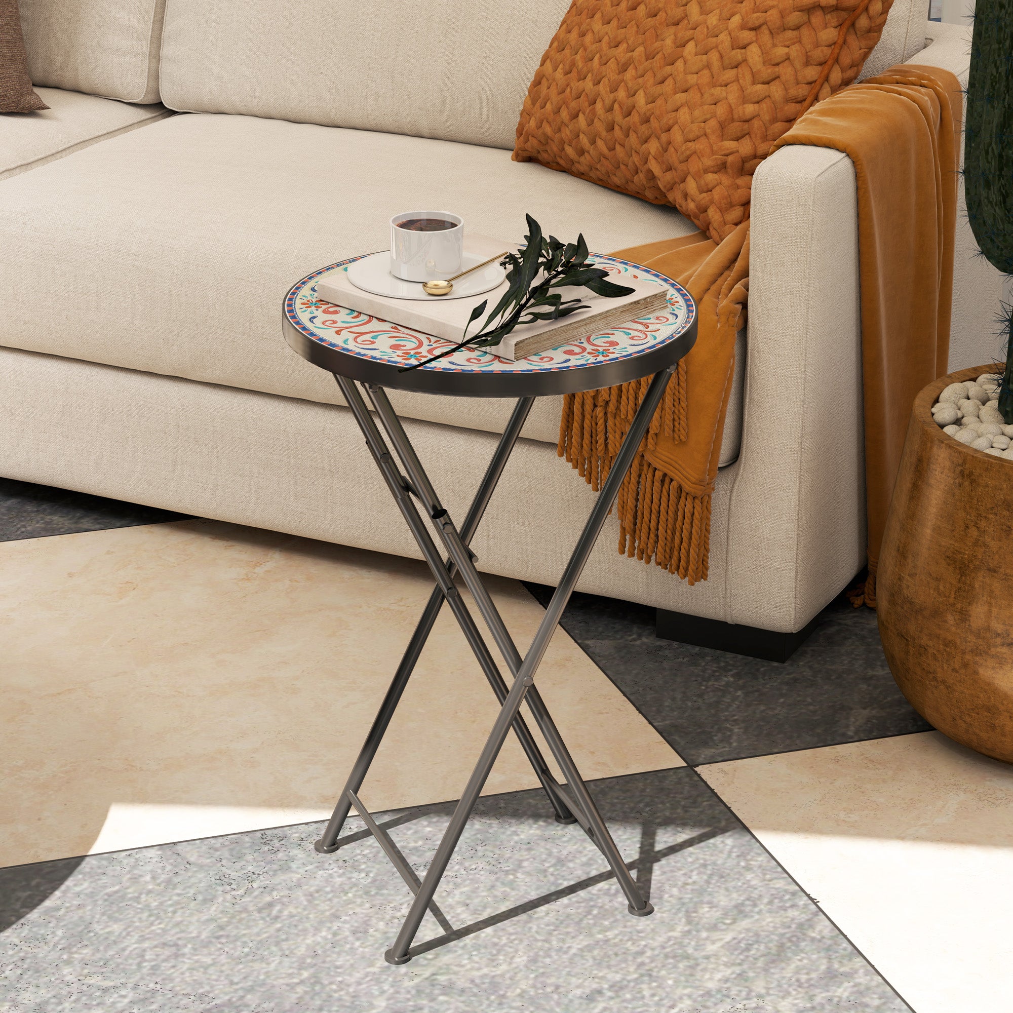 Folding Side Table Garden Table with Mosaic Design, Ø35.5 x 55 cm Round Weatherproof Metal Balcony Table, Camping Table Folding Table Coffee Table for Living Room Office Outdoor Indoor, Multicolored