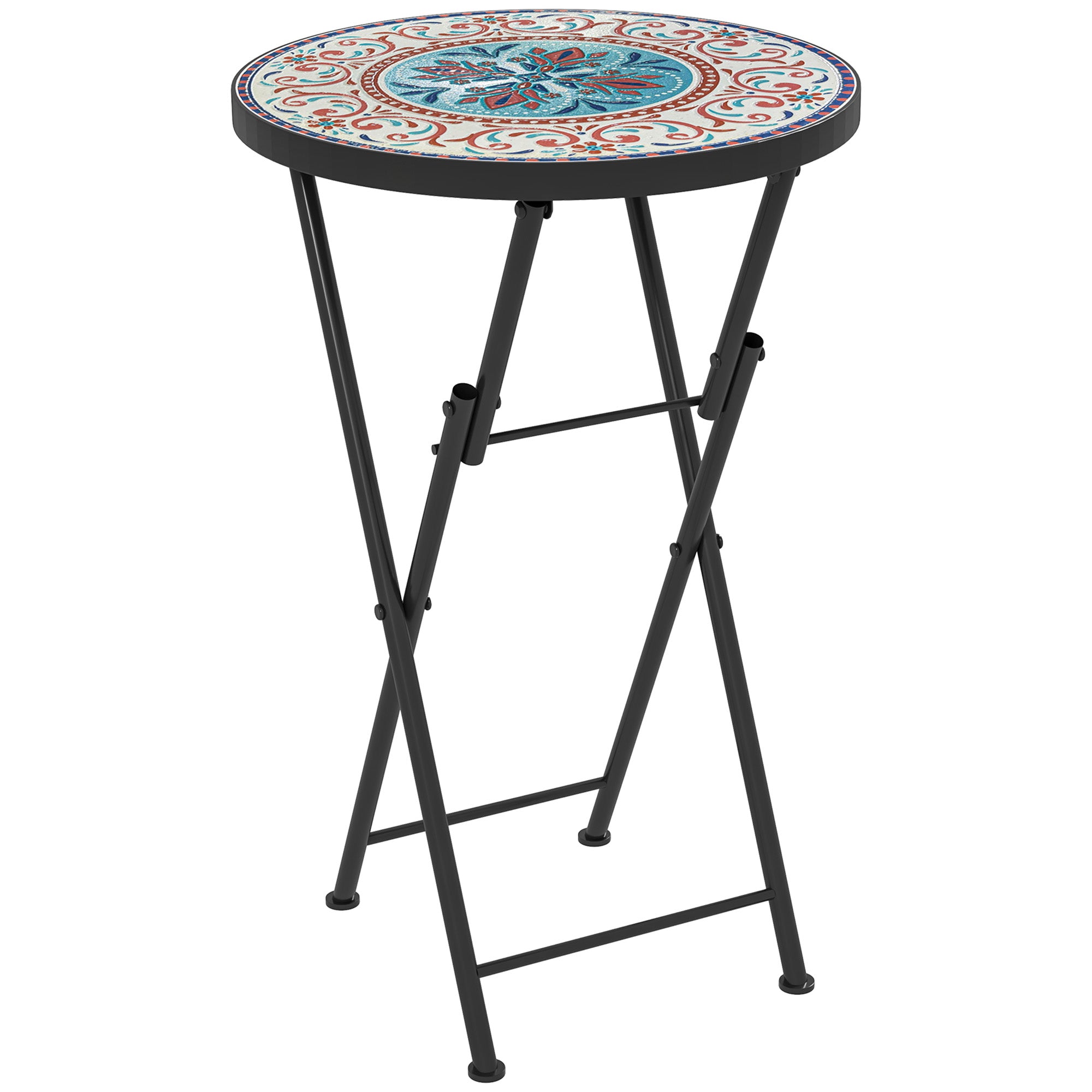 Folding Side Table Garden Table with Mosaic Design, Ø35.5 x 55 cm Round Weatherproof Metal Balcony Table, Camping Table Folding Table Coffee Table for Living Room Office Outdoor Indoor, Multicolored