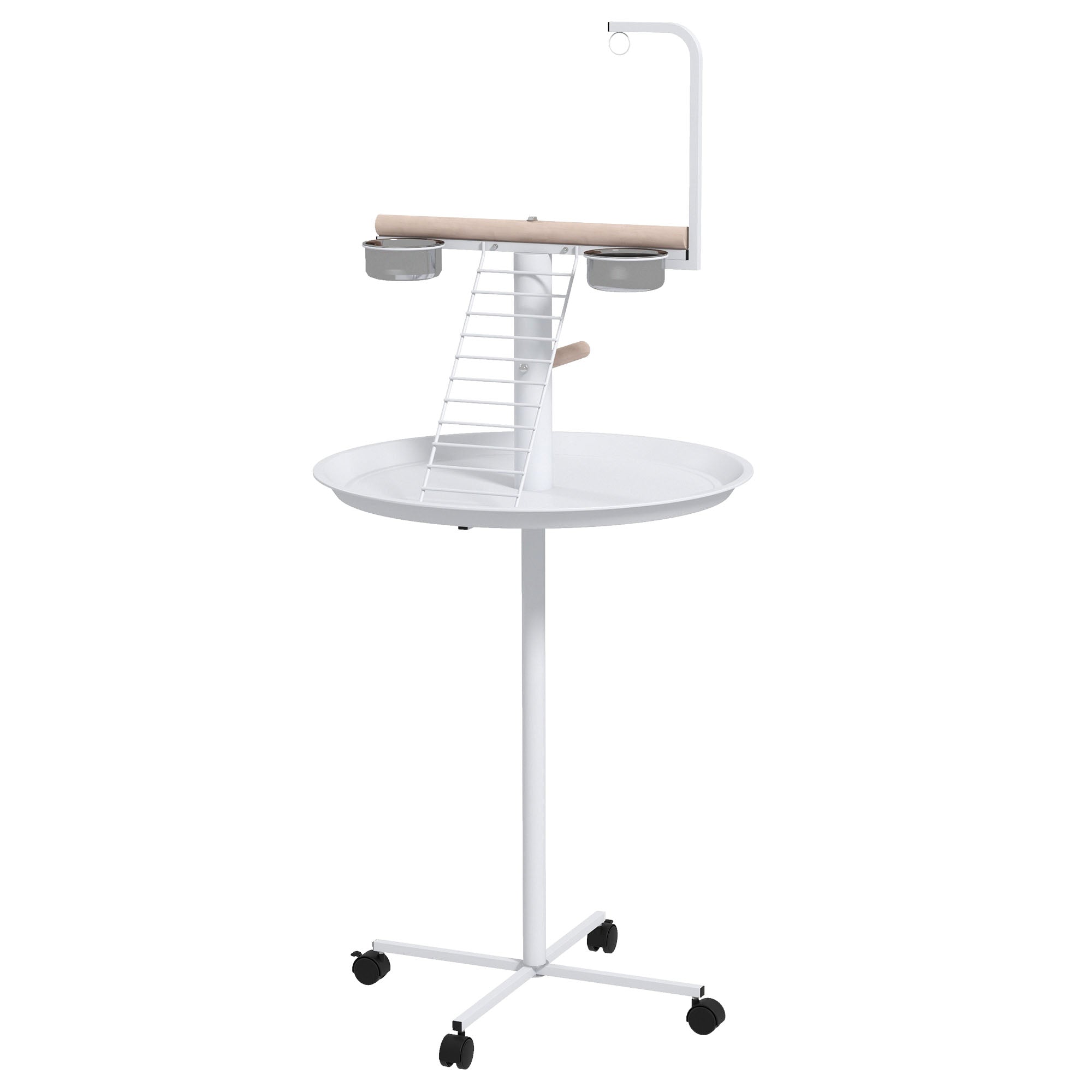 Parrot Playground with Feeding Station, Bird Feeding Station with Wheels, Perches, Bird Feeder with Ladder for Garden, Balcony, Steel, White