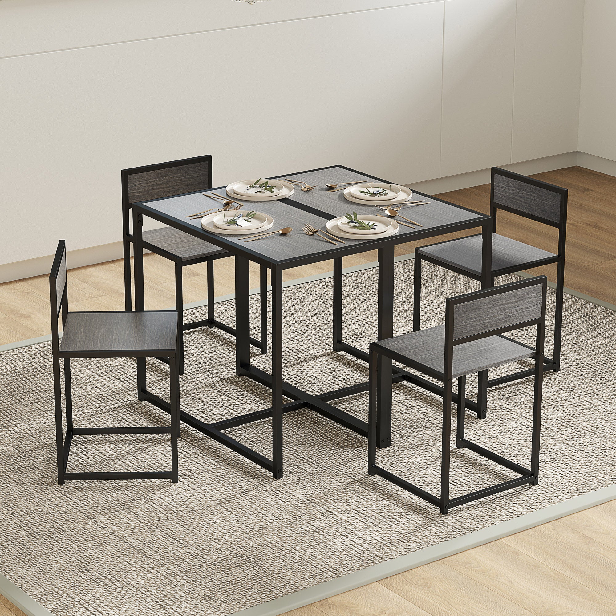 Space-Saving 3-Piece Dining Set — Rectangular Table with 2 Chairs, Gray