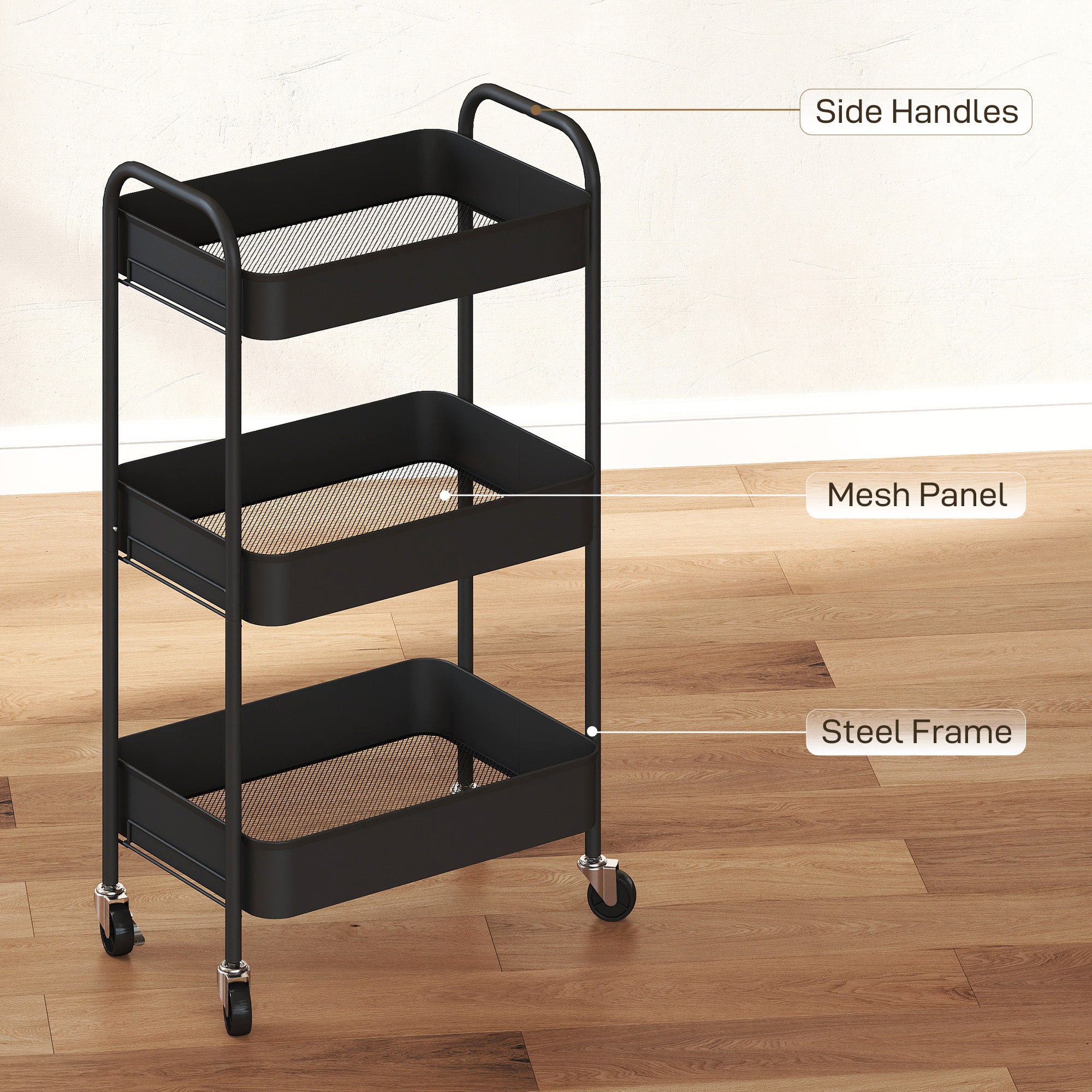 3-Tier Rolling Cart with Mesh Baskets, Wheels, Handles & Hooks – Black Steel