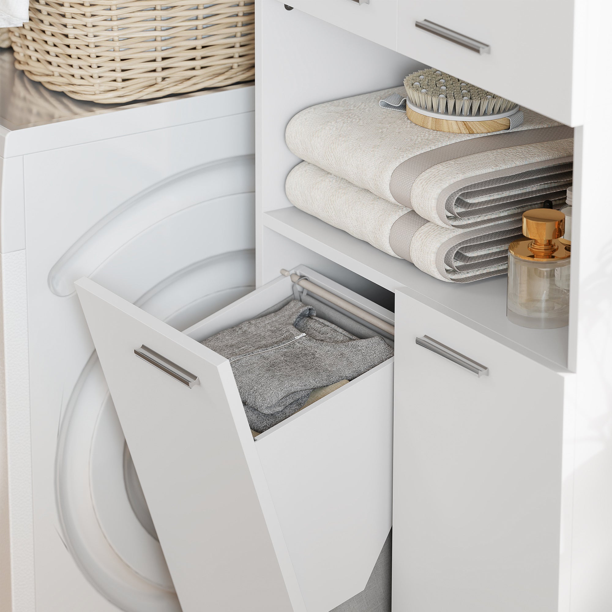Slim Tall Bathroom Cabinet with Fold-Out Laundry Basket, Open Compartment & Soft-Close Doors for Bathroom & Kitchen, 23.6 x 11.8 x 68.5 in (60 x 30 x 174 cm), White
