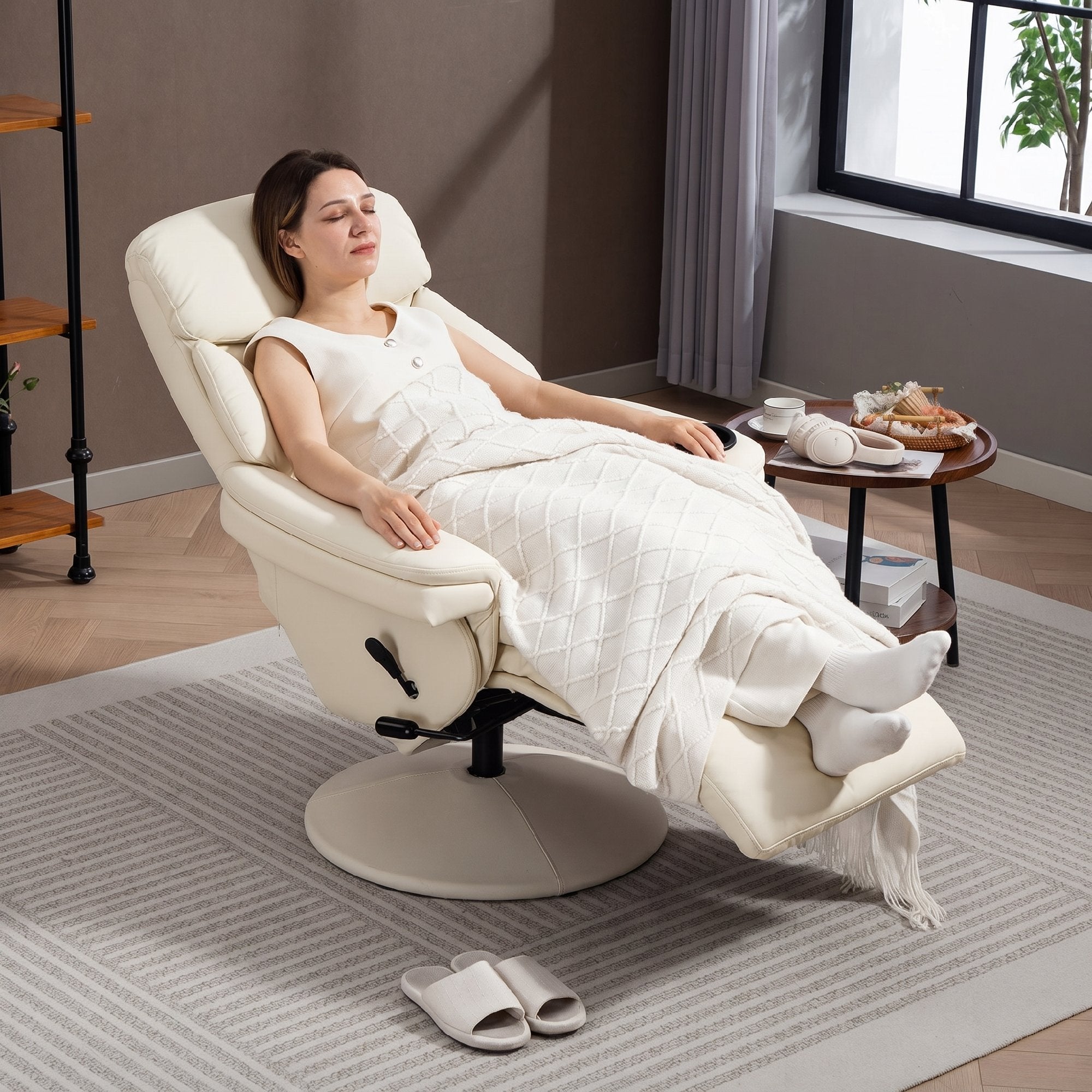 PU Leather Recliner with Manual Recline, Cup Holder & Side Pocket — Swivel TV Chair for Living Room/Bedroom, Cream