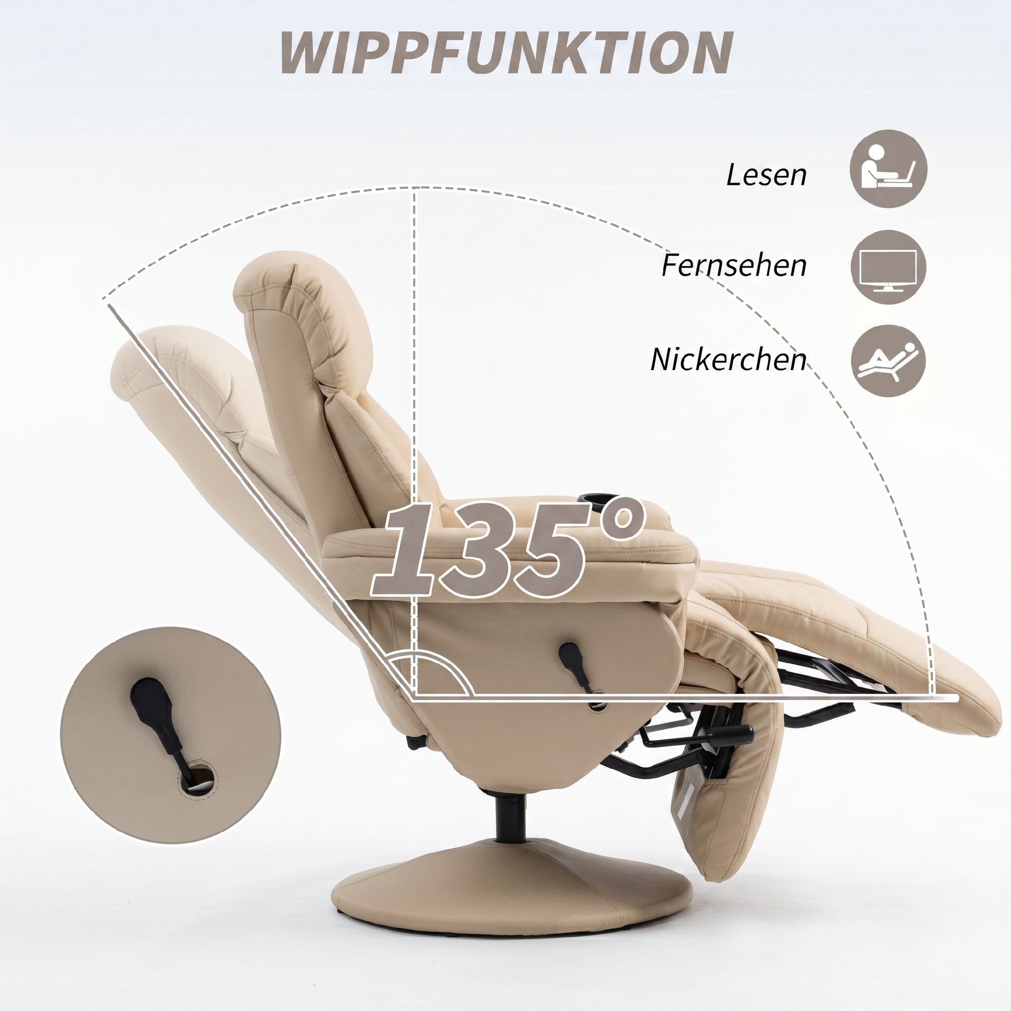 PU Leather Recliner with Manual Recline, Cup Holder & Side Pocket — Swivel TV Chair for Living Room/Bedroom, Cream