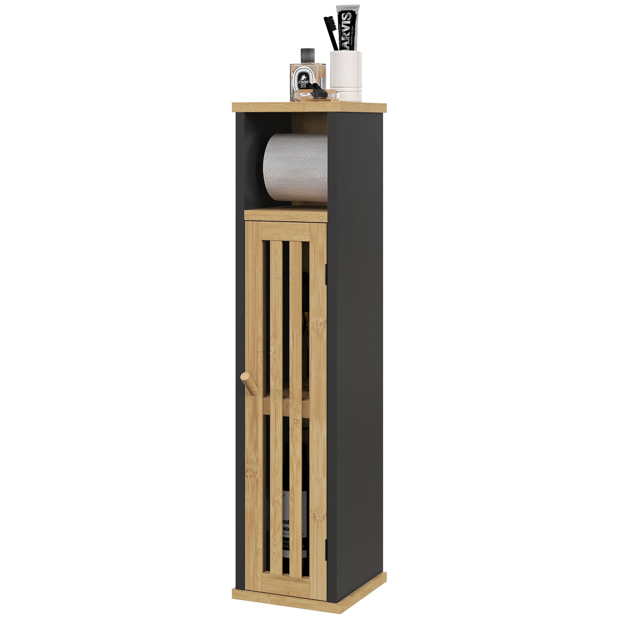 Bathroom Cabinet with Toilet Paper Holder - Storage with Removable Bar - 2 Levels + Toilet Paper Exit Black Bamboo MDF