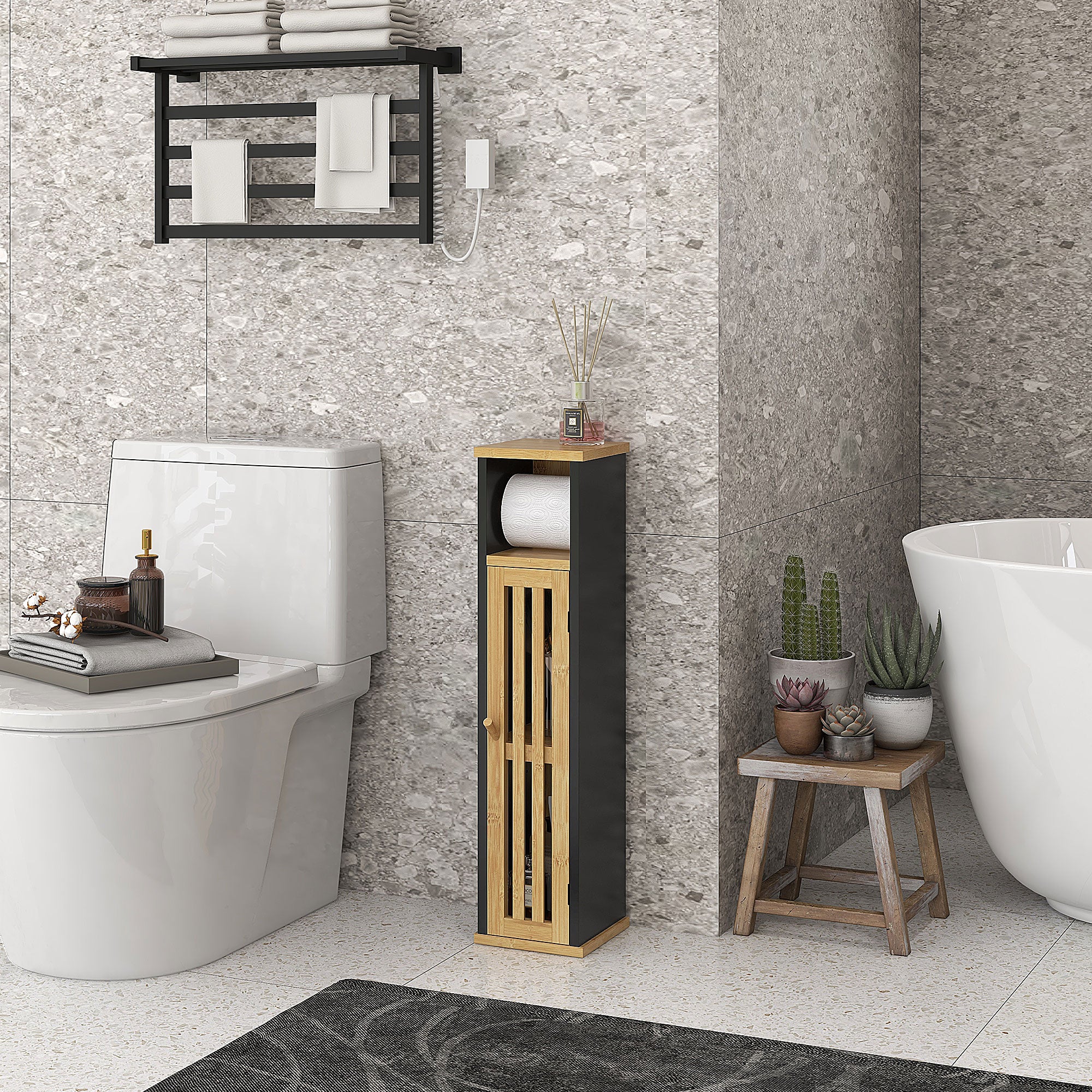 Bathroom Cabinet with Toilet Paper Holder - Storage with Removable Bar - 2 Levels + Toilet Paper Exit Black Bamboo MDF