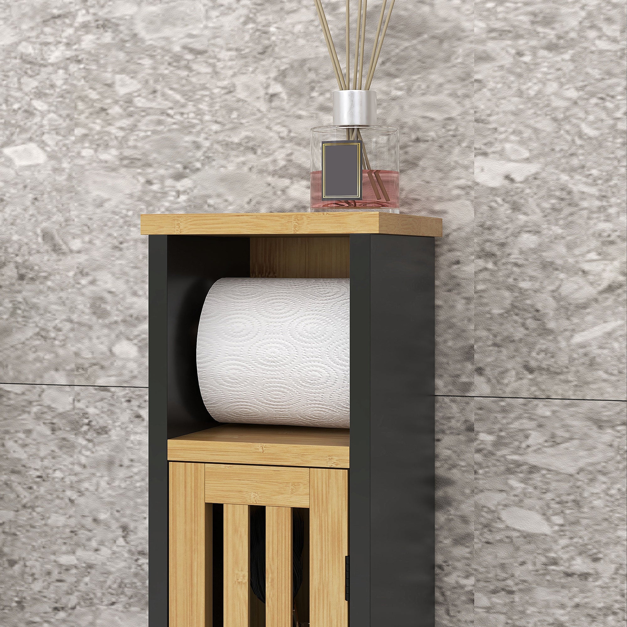 Bathroom Cabinet with Toilet Paper Holder - Storage with Removable Bar - 2 Levels + Toilet Paper Exit Black Bamboo MDF