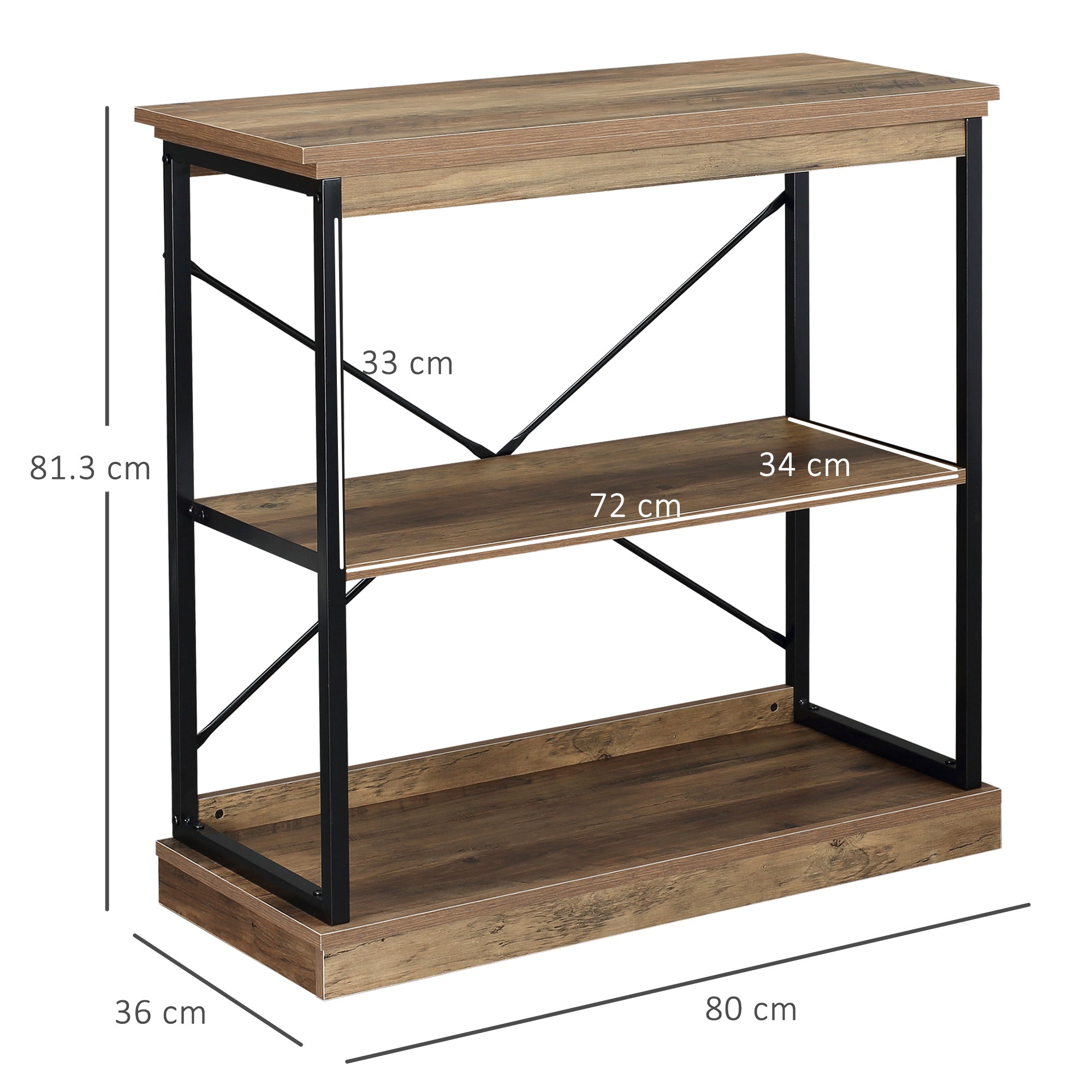 Industrial Style Bookshelf, Brown Wood and Black Metal Bookcase, 80x36x81.3cm