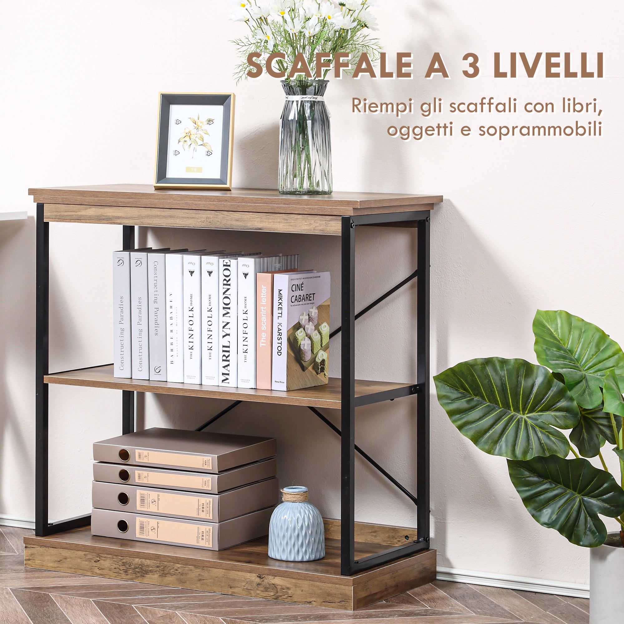 Industrial Style Bookshelf, Brown Wood and Black Metal Bookcase, 80x36x81.3cm