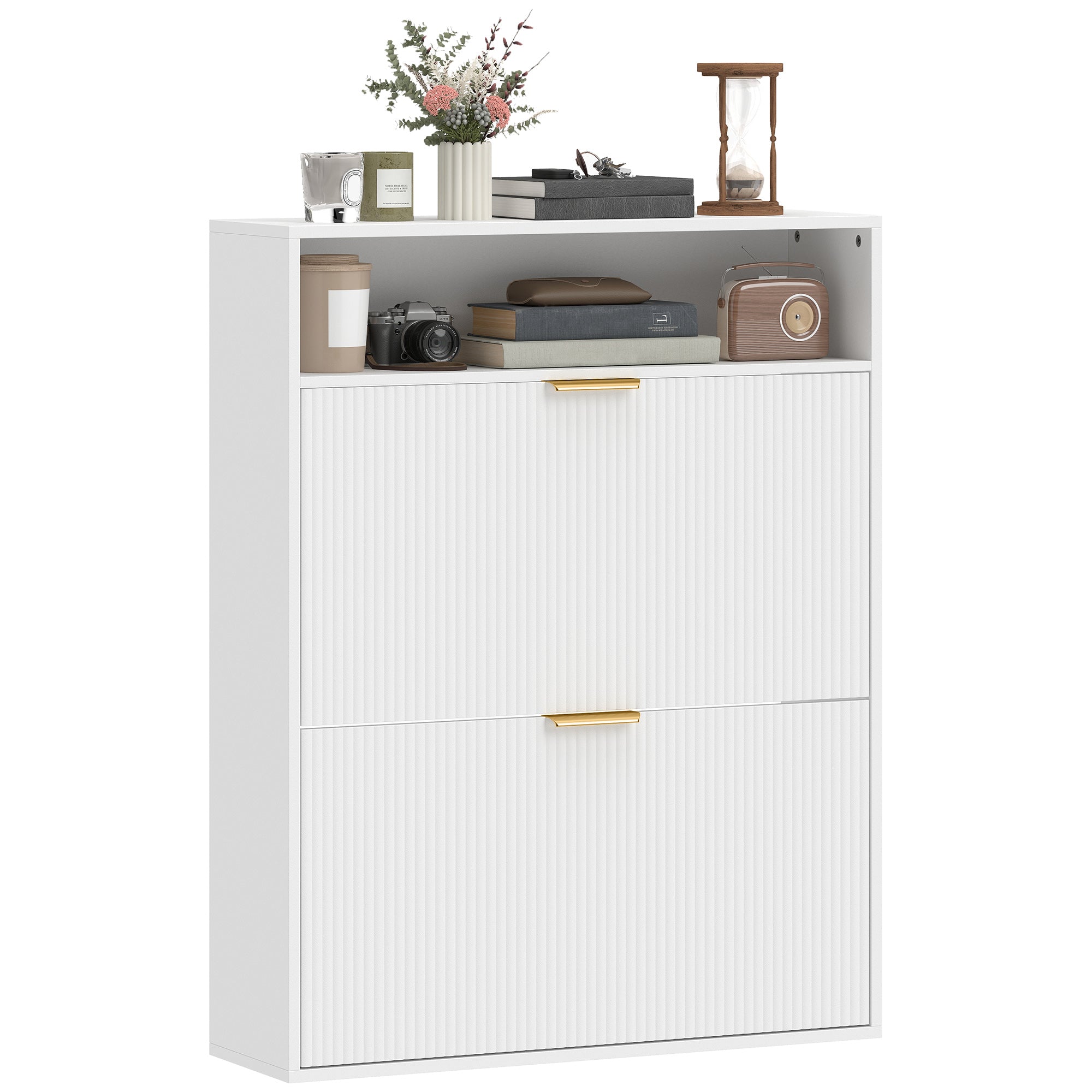 Slim Flip Shoe Cabinet — 2 Flip Compartments, Top Shelf, Holds 12–16 Pairs — White (31.5"x9.4"x40.4")